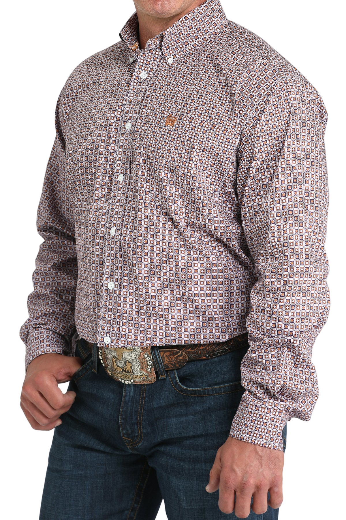 Man wearing a patterned maroon long sleeve button-down shirt and jeans on a transparent background 