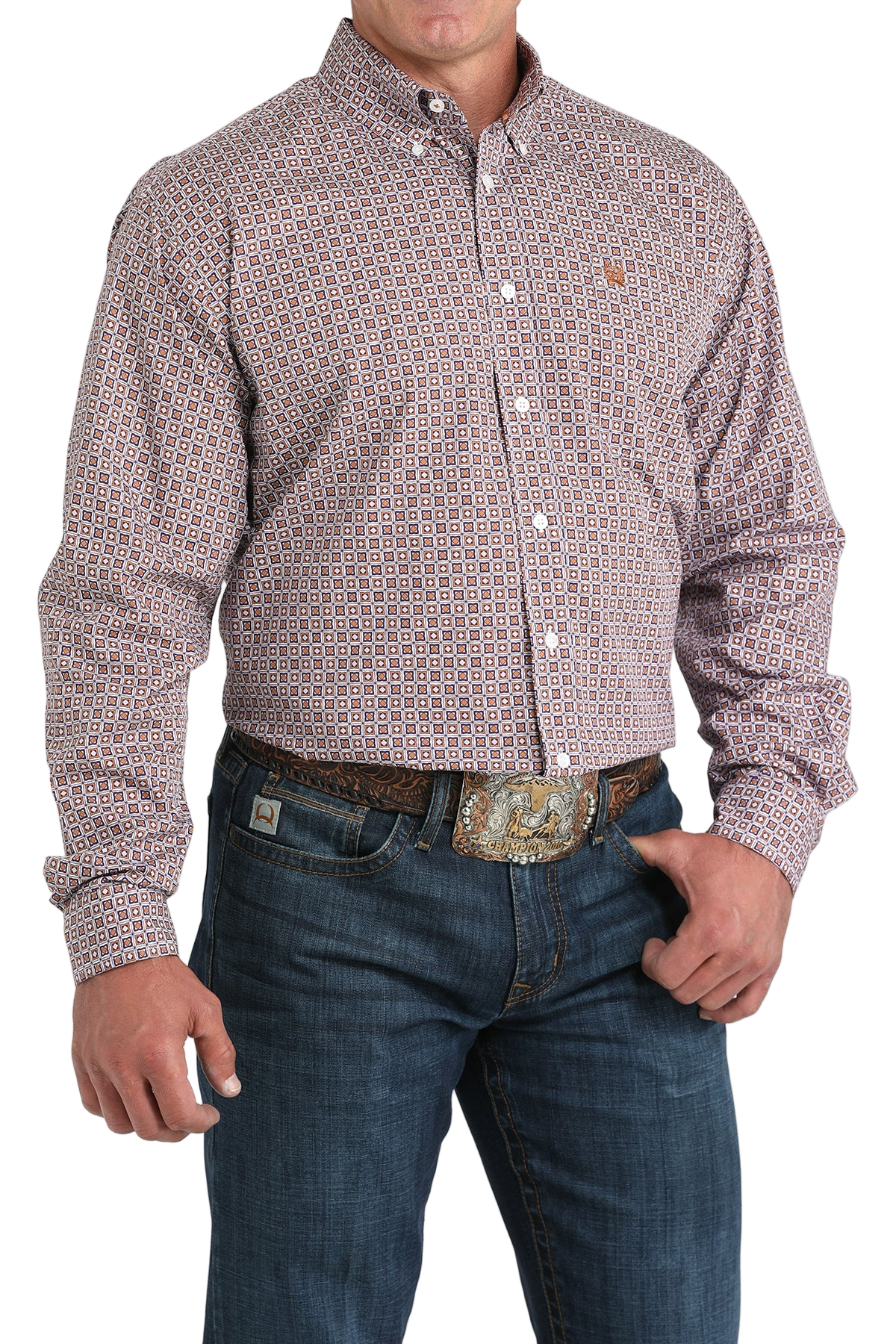 Man wearing a patterned maroon long sleeve button-down shirt and jeans on a transparent background 