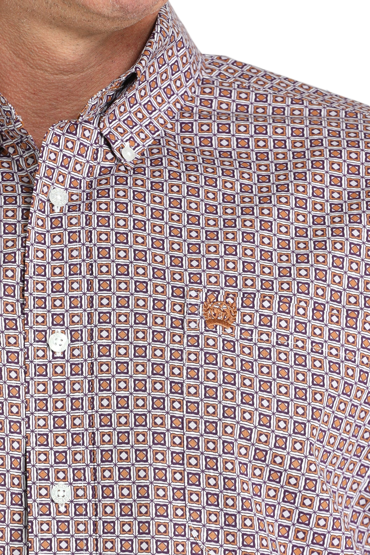Close-up of a man wearing a patterned maroon long sleeve button-down shirt on a transparent background 