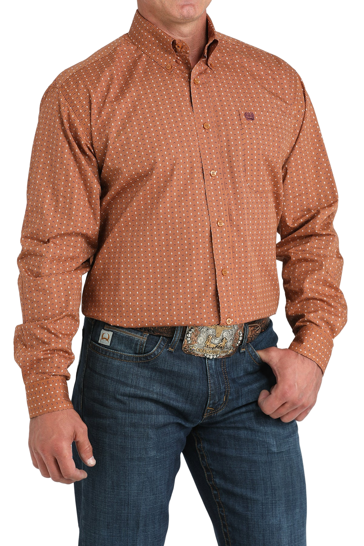 Man wearing a patterned orange long sleeve button-down shirt and jeans on a transparent background 
