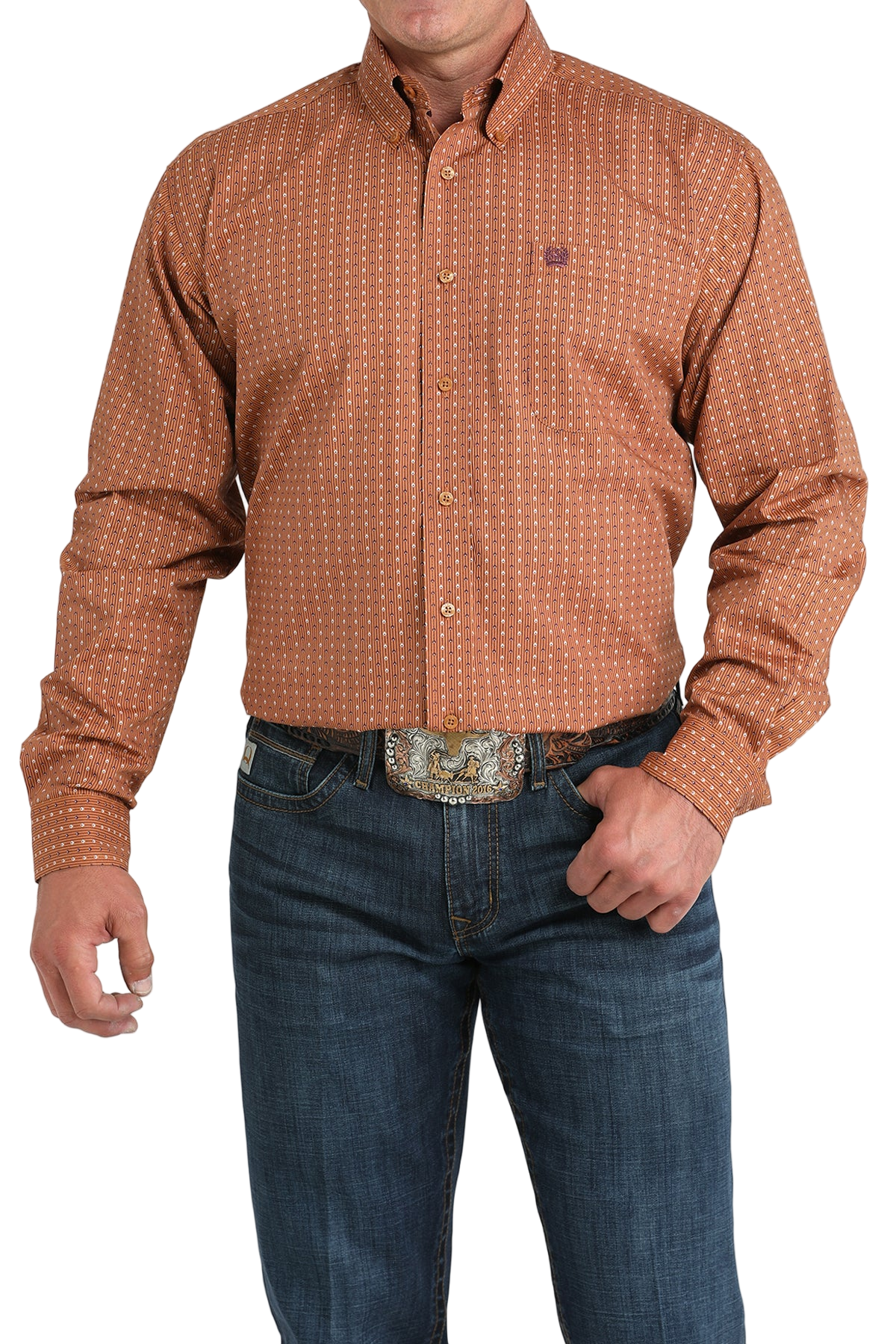 Man wearing a patterned orange long sleeve button-down shirt and jeans on a transparent background 