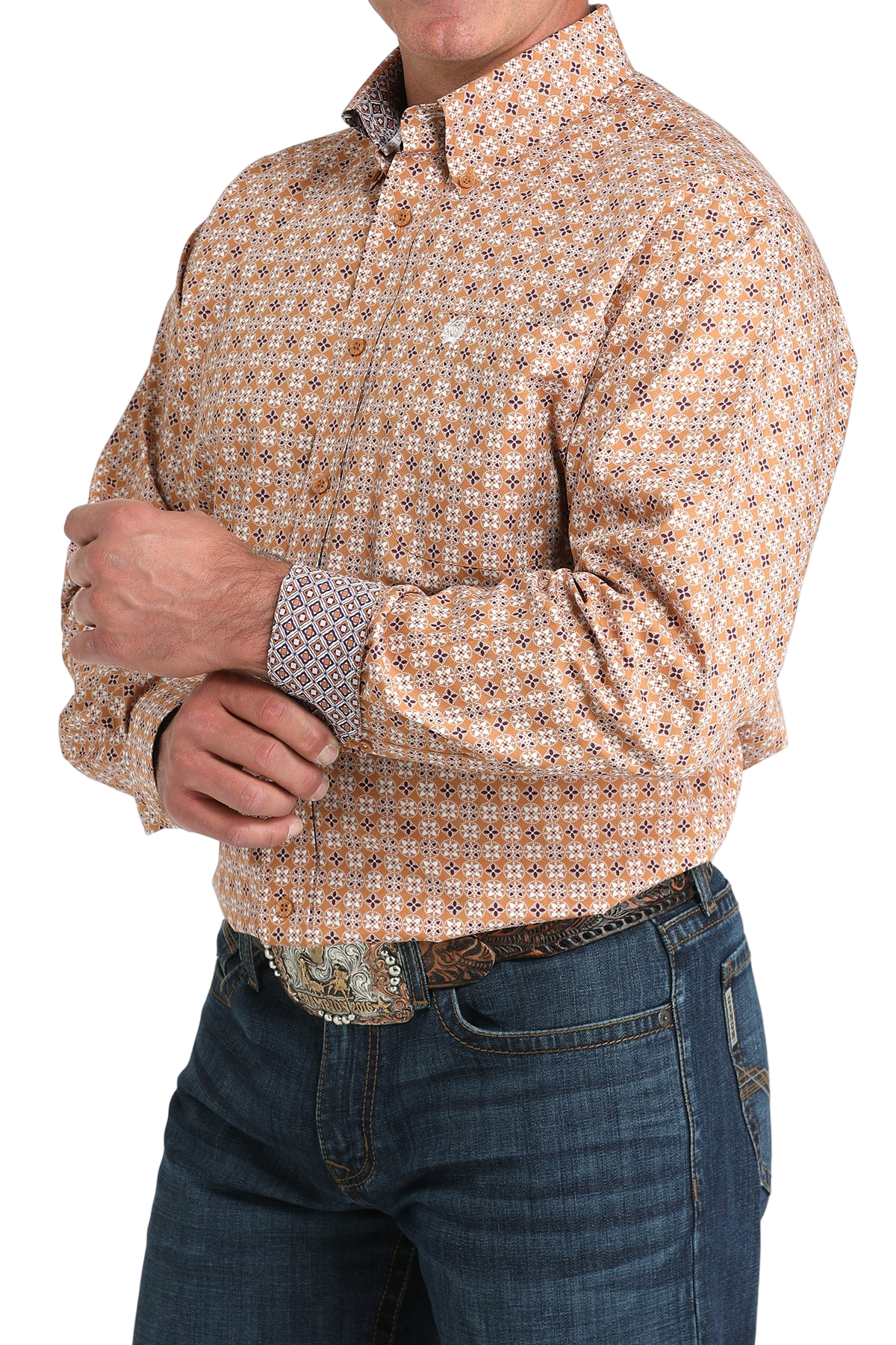 Man wearing a patterned orange long sleeve button-down shirt with contrasting cuffs and jeans on a transparent background 