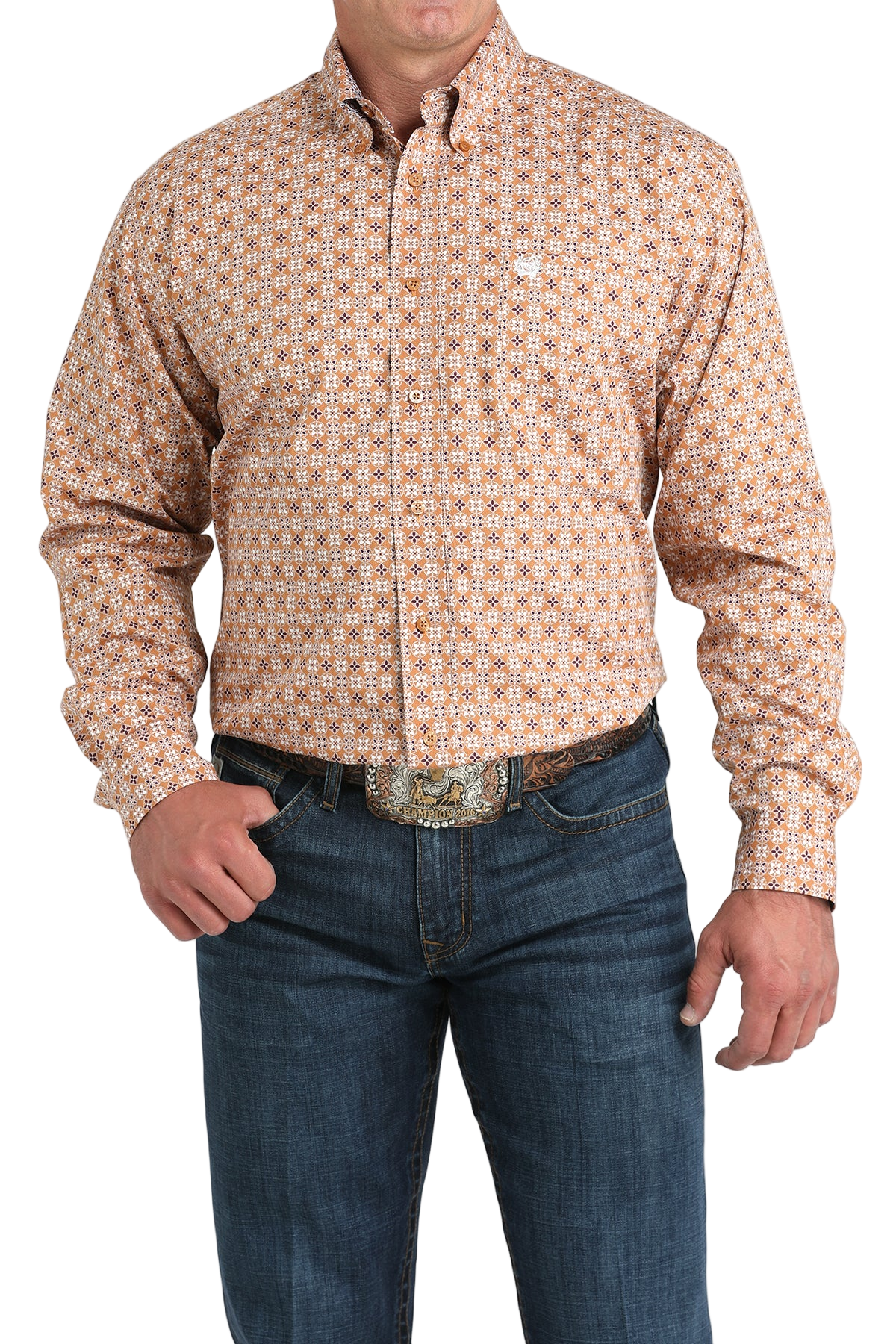 Man wearing a patterned beige long sleeve button-down shirt and jeans on a transparent background 
