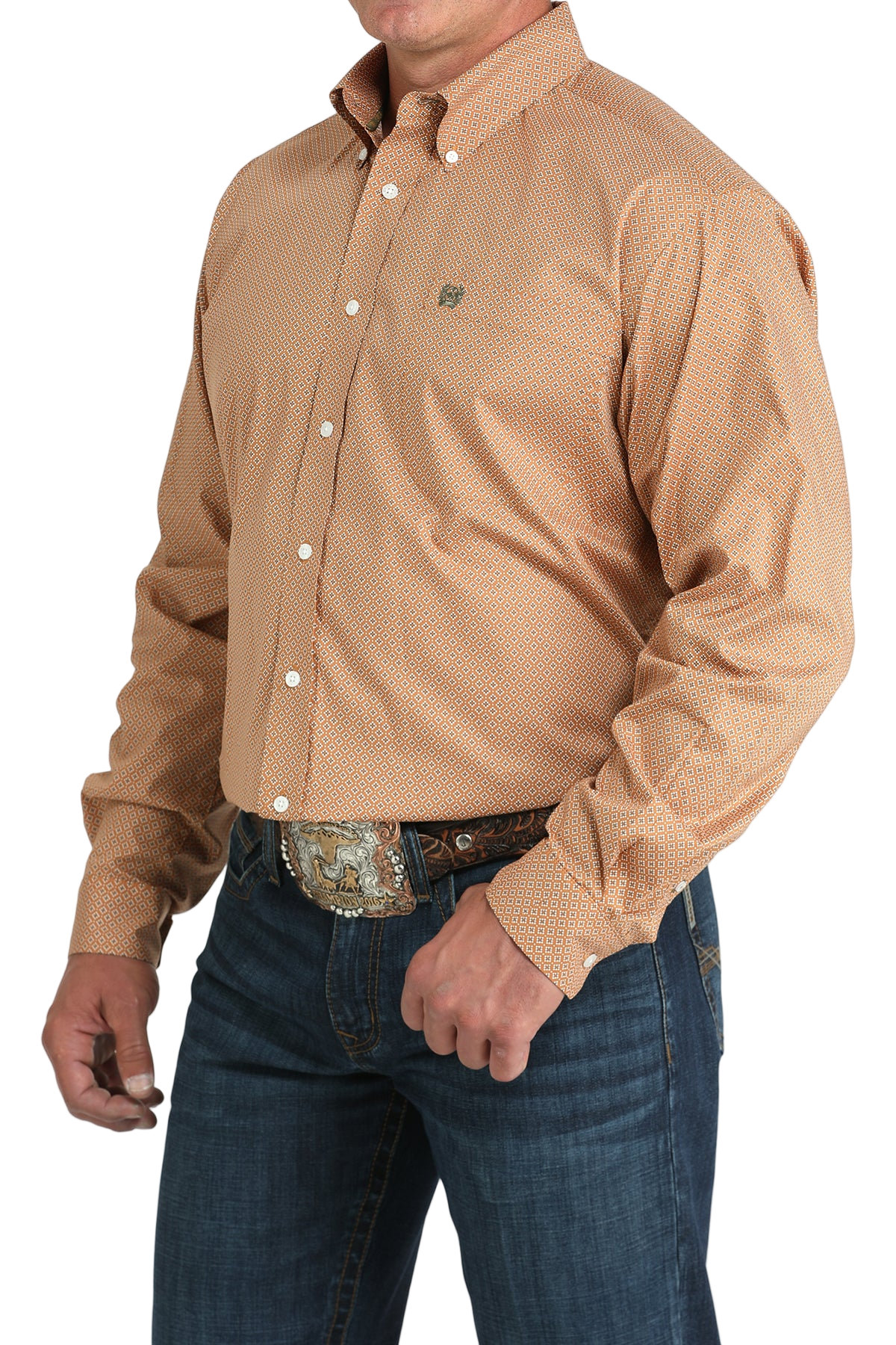 Man wearing a patterned beige long sleeve button-down shirt and jeans on a transparent background 