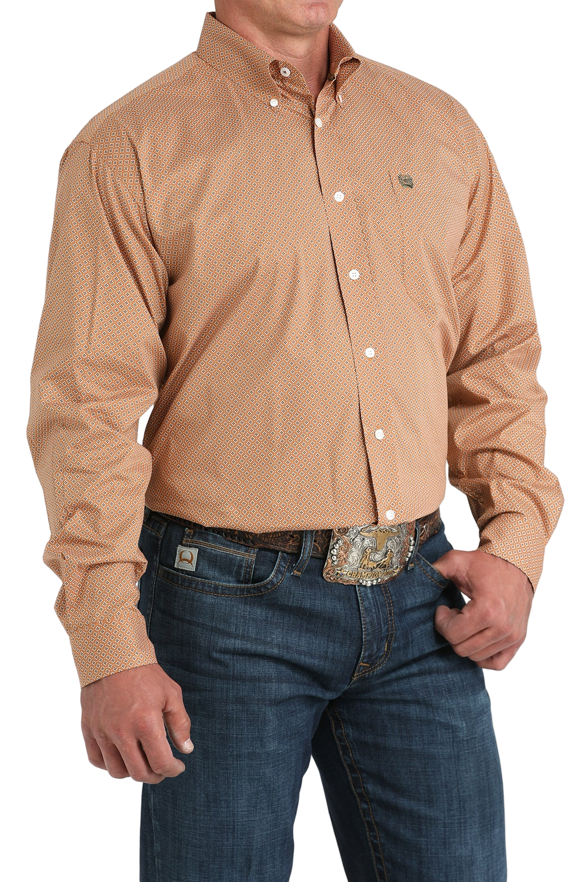 Man wearing a patterned beige long sleeve button-down shirt and jeans on a transparent background 