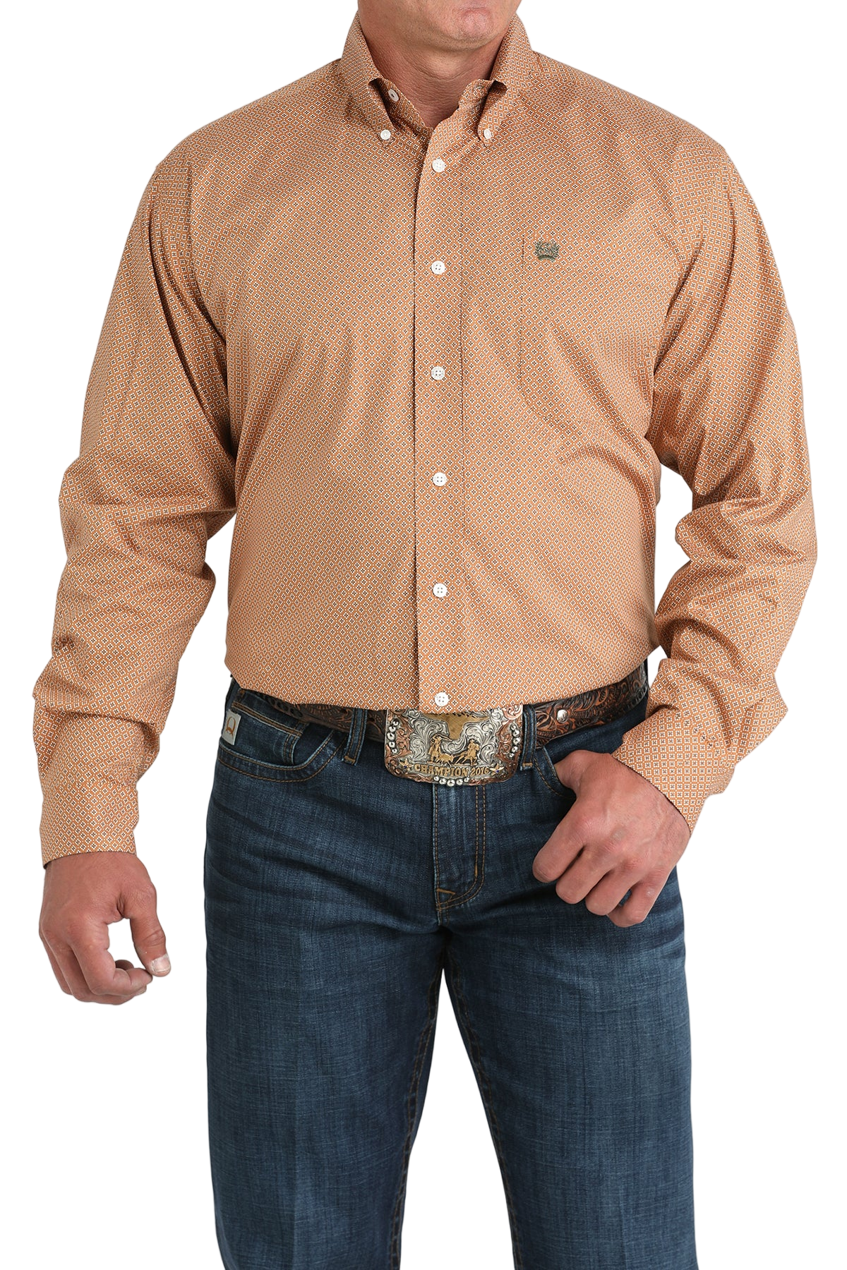 Man wearing a patterned beige long sleeve button-down shirt and jeans on a transparent background 