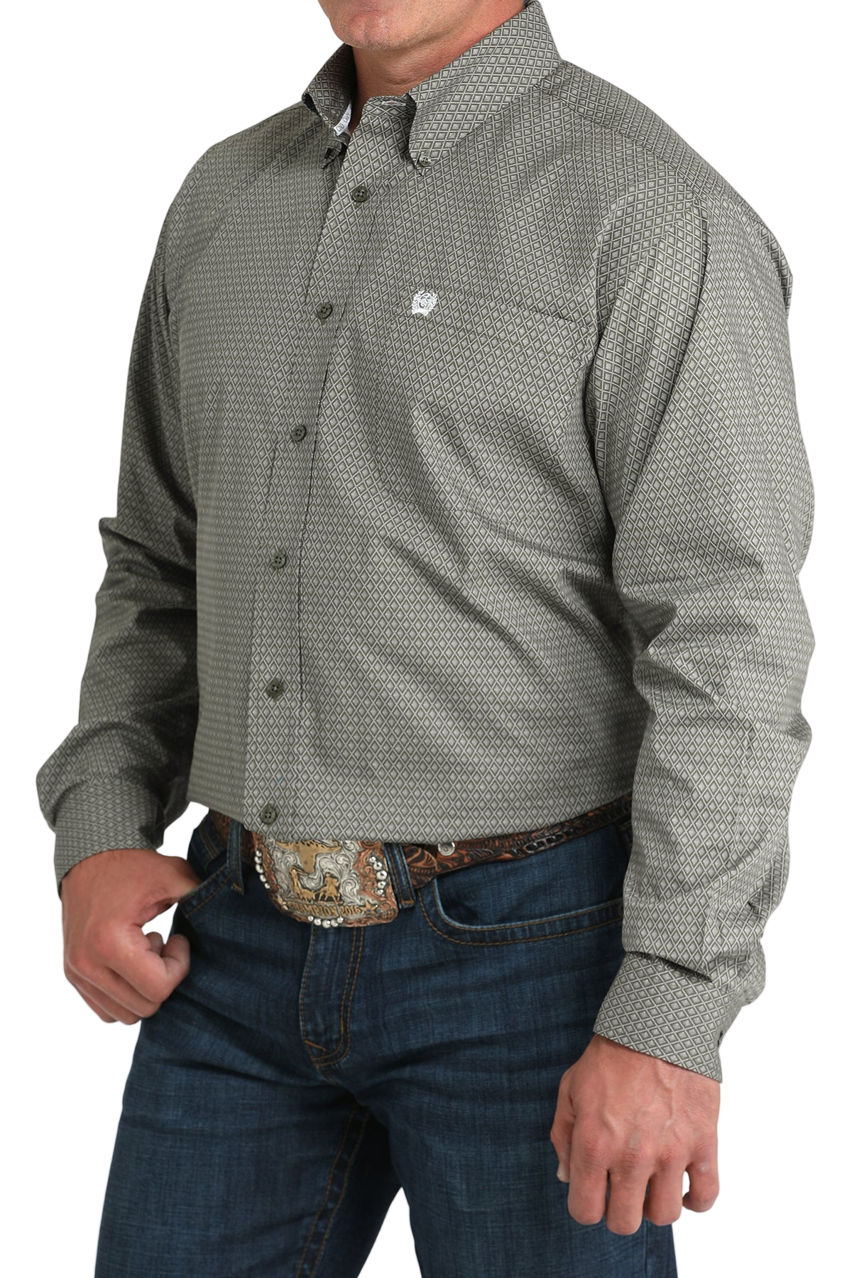 Man wearing a patterned gray long sleeve button-down shirt and jeans on a transparent background 