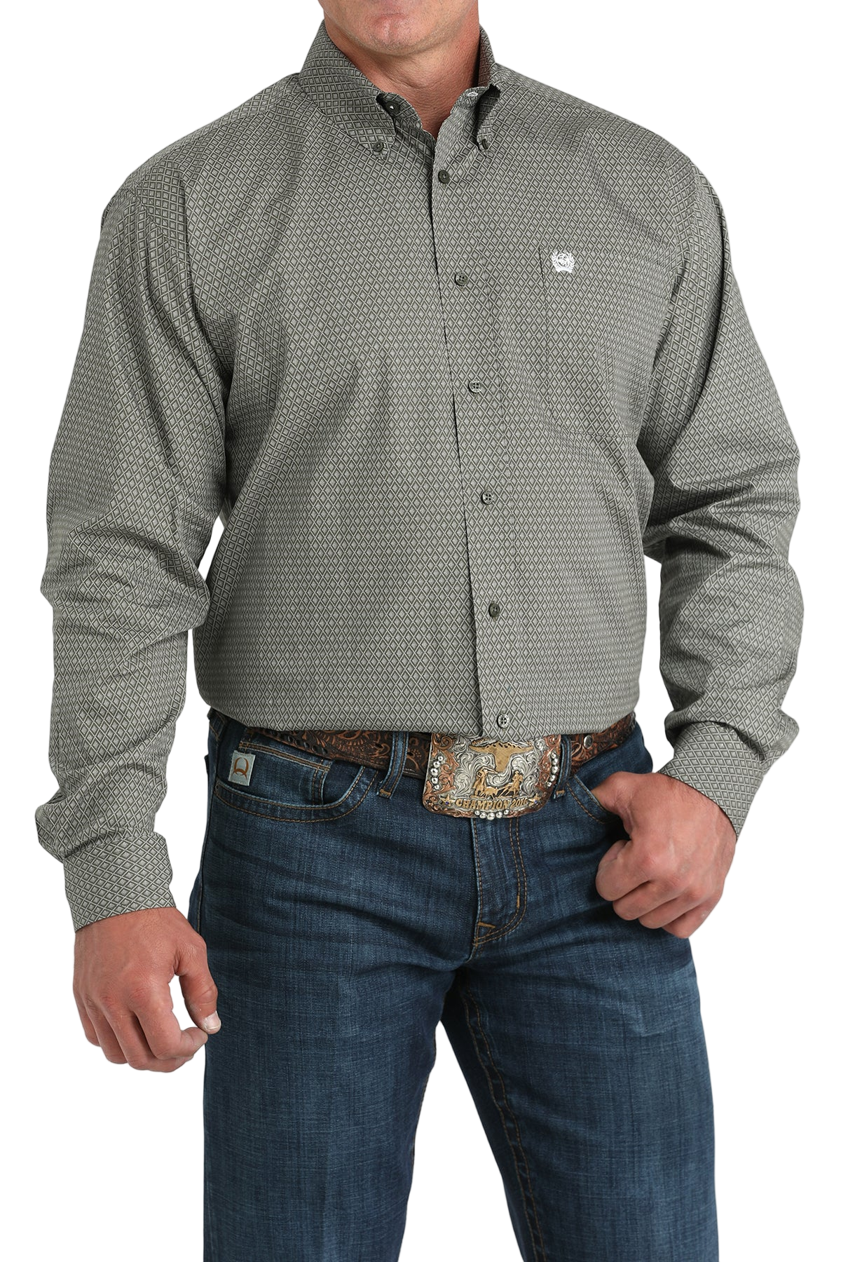 Man wearing a patterned gray long sleeve button-down shirt and jeans on a transparent background 
