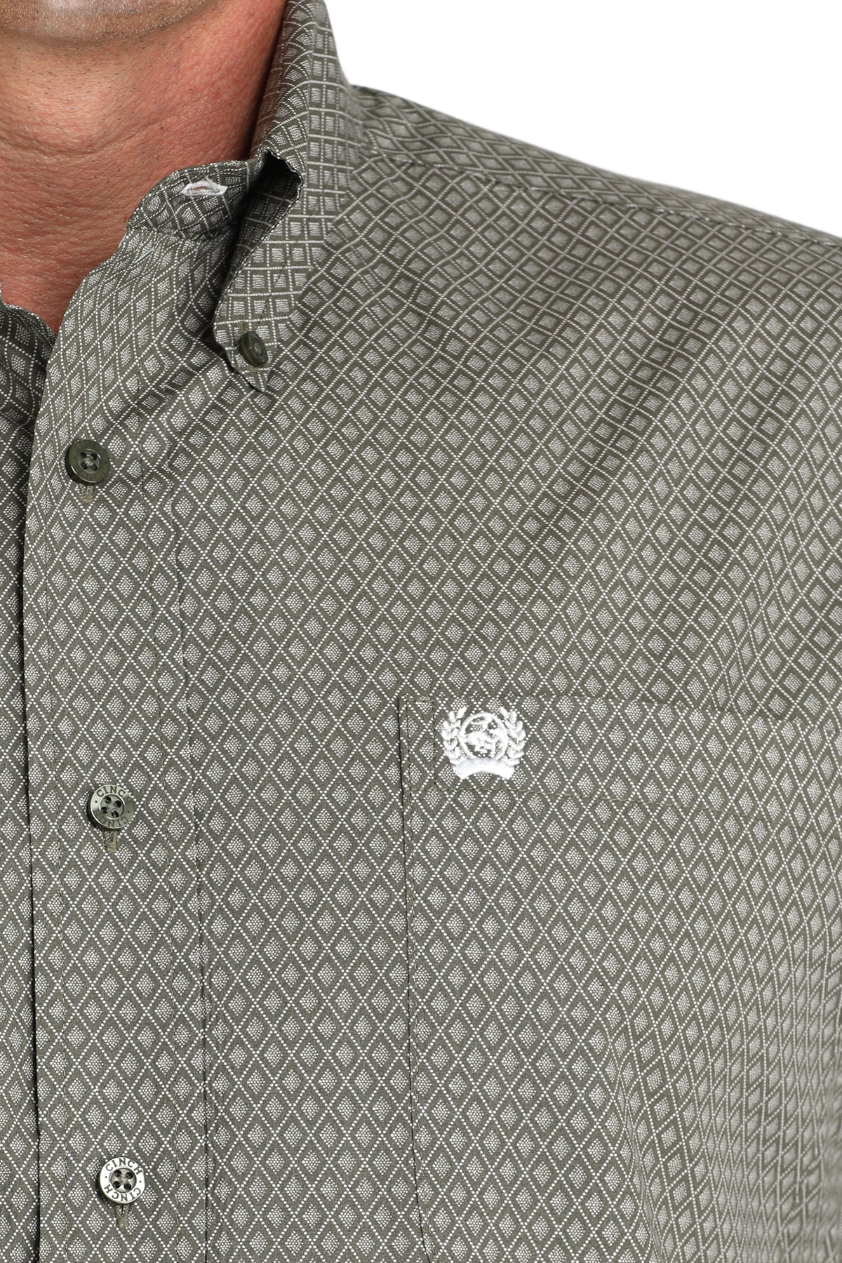 Close-up of a man wearing a patterned gray long sleeve button-down shirt on a transparent background 