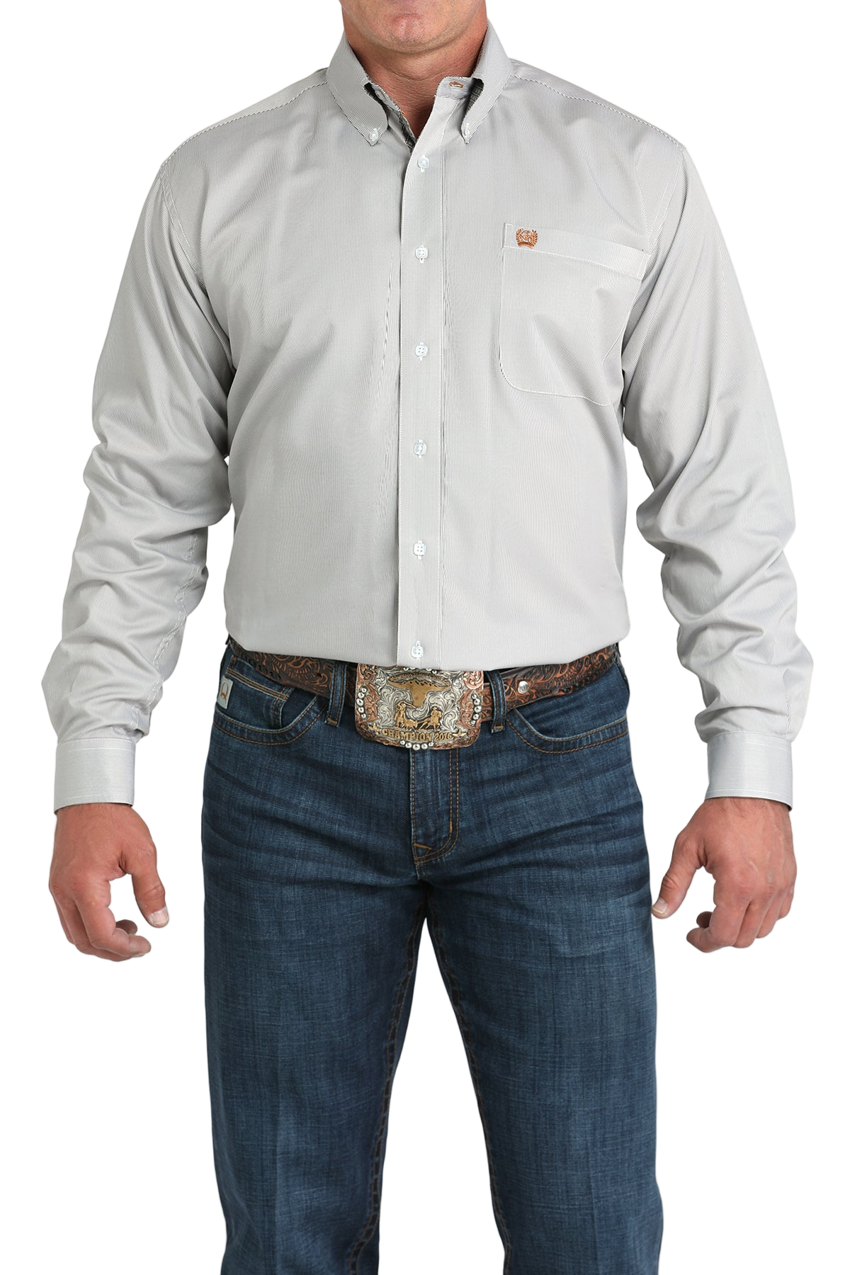 Man wearing a light gray button-up shirt and blue jeans on a white background