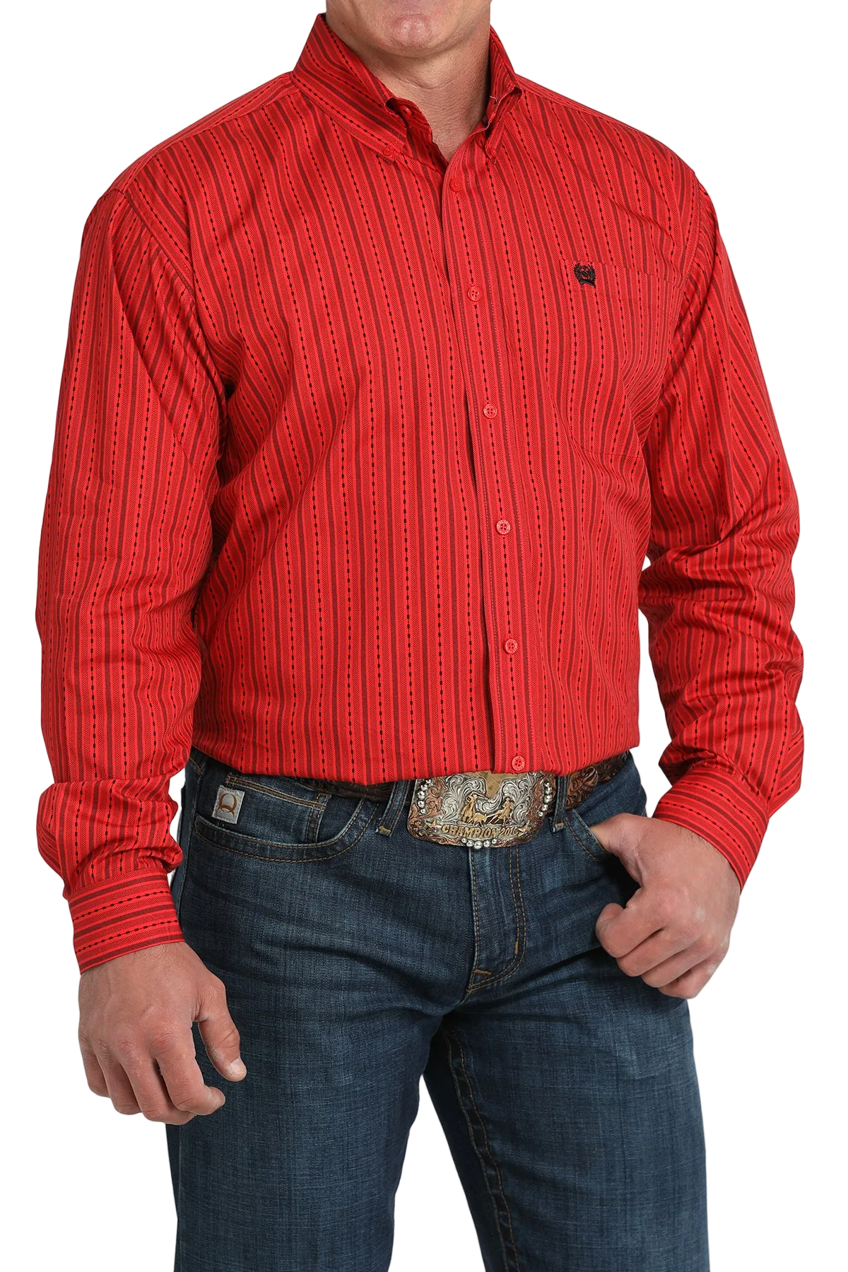 A man wearing a red striped button-up shirt, dark jeans, and a large belt buckle, standing against a transparent background