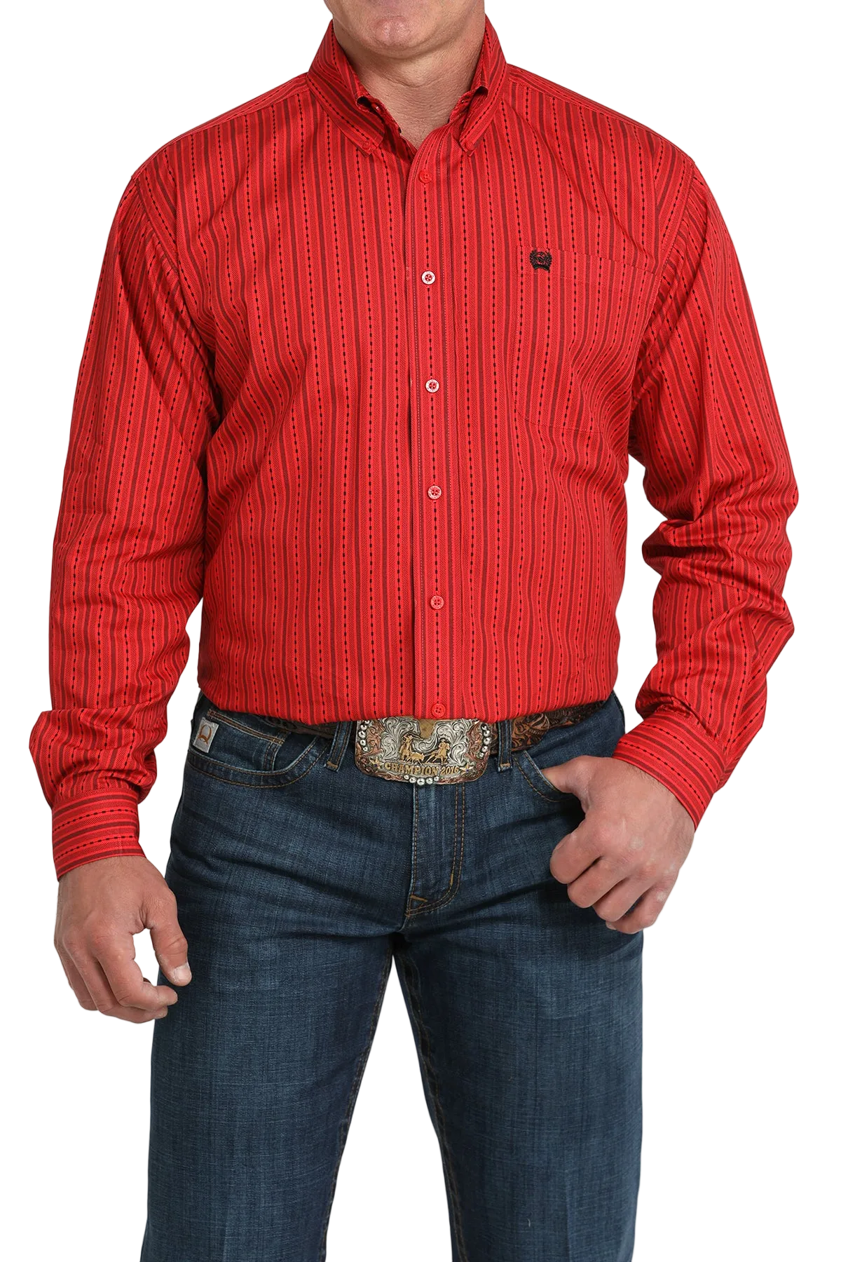 A man wearing a red striped button-up shirt, dark jeans, and a large belt buckle, standing against a transparent background