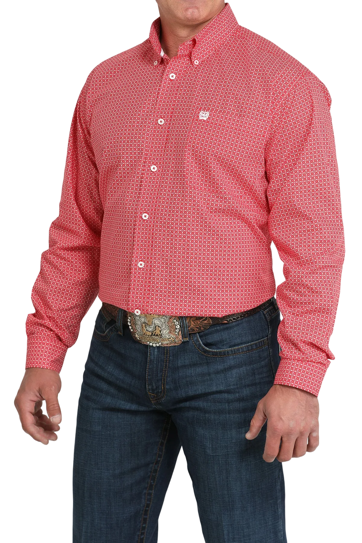 A man wearing a red patterned button-up shirt, dark jeans, and a large belt buckle, standing against a transparent background