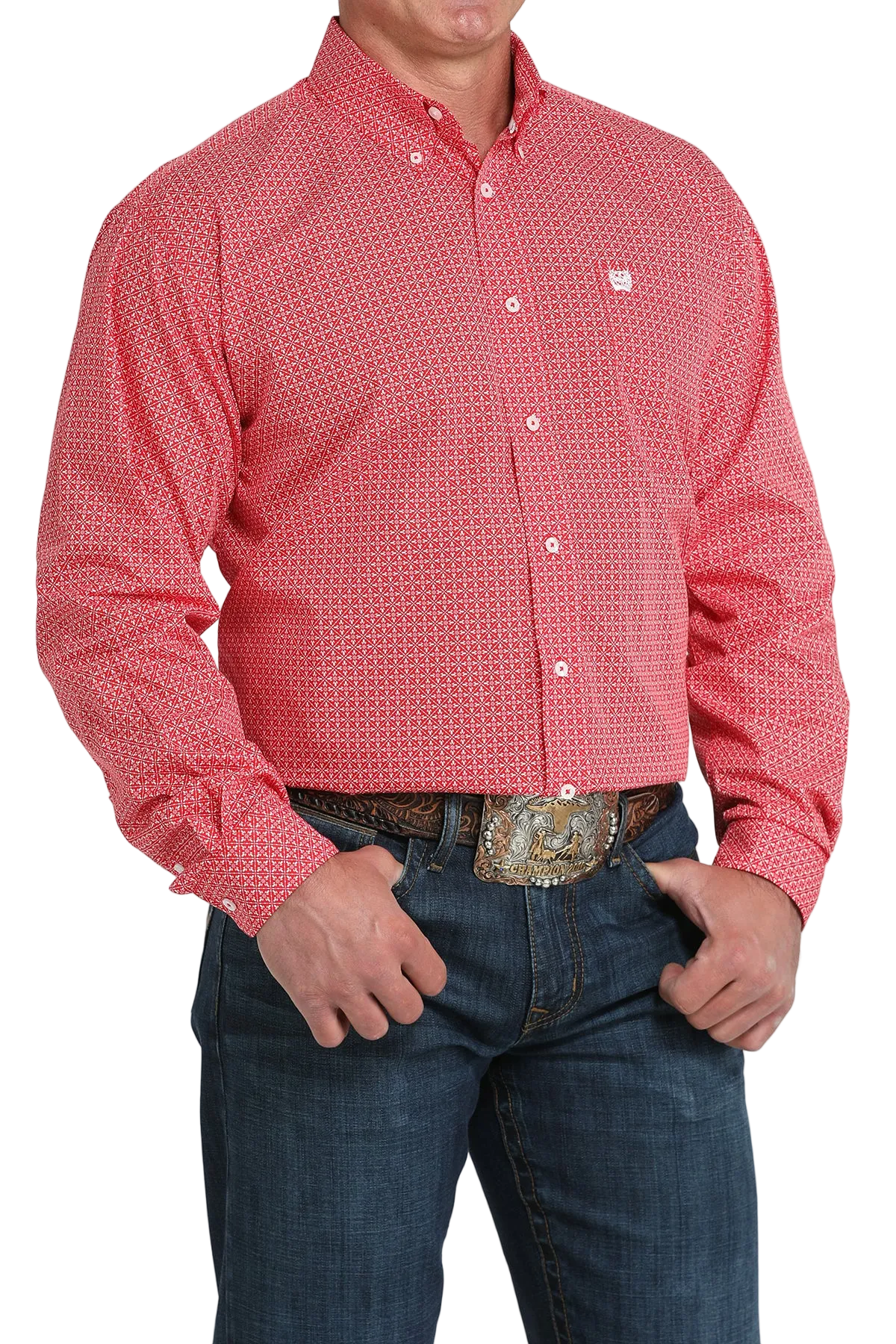A man wearing a red patterned button-up shirt, dark jeans, and a large belt buckle, standing against a transparent background
