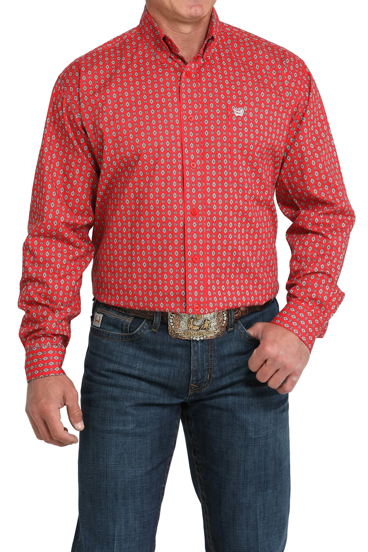 A man wearing a red patterned button-up shirt, dark jeans, and a large belt buckle, standing against a transparent background