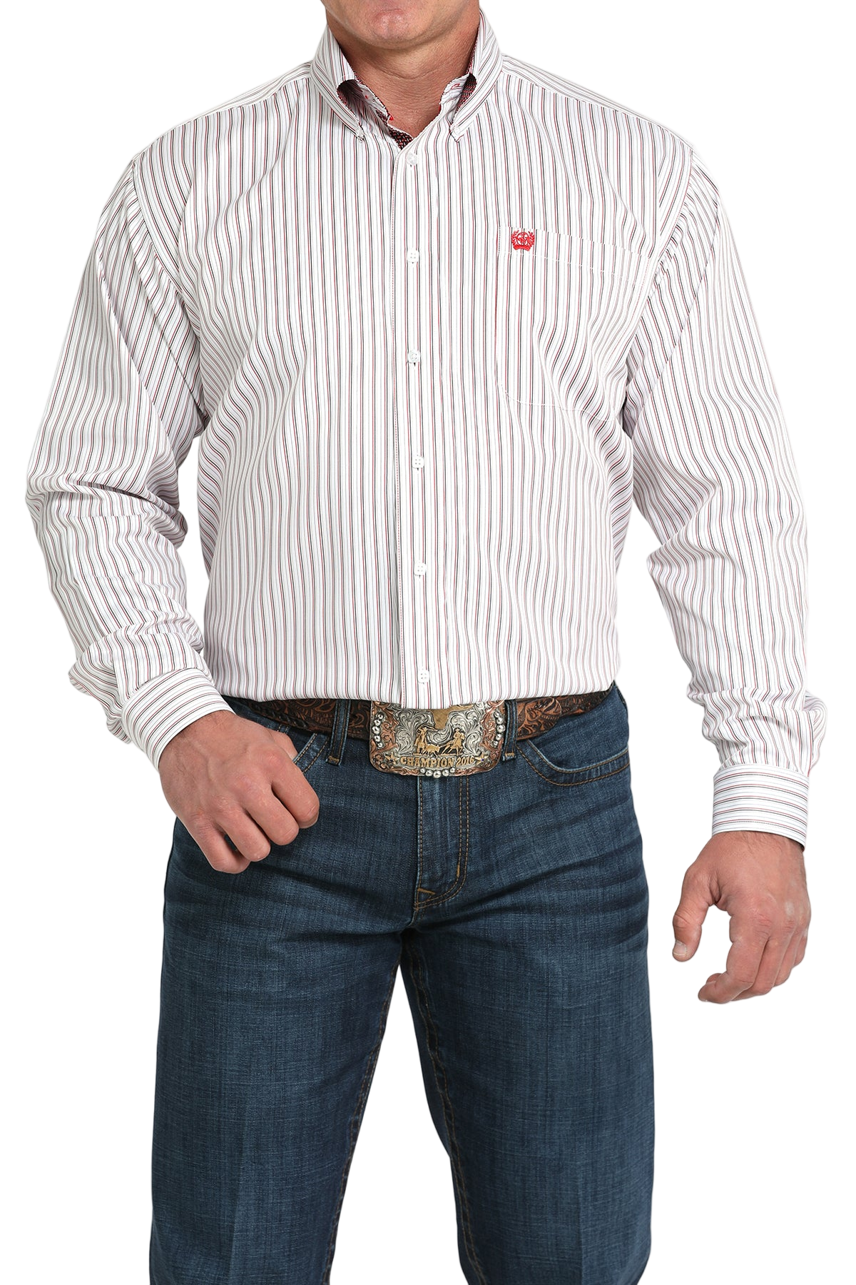 Man wearing a white striped shirt and blue jeans with a belt buckle on a white background