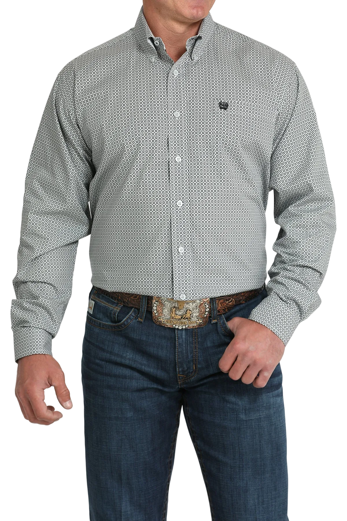 A man wearing a gray patterned button-up shirt, dark jeans, and a large belt buckle, standing against a transparent background