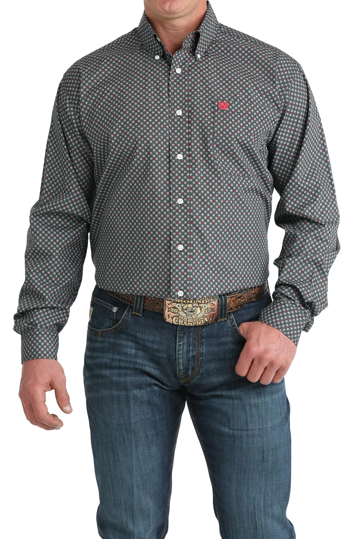 Man wearing a patterned button-up shirt and jeans on a white background
