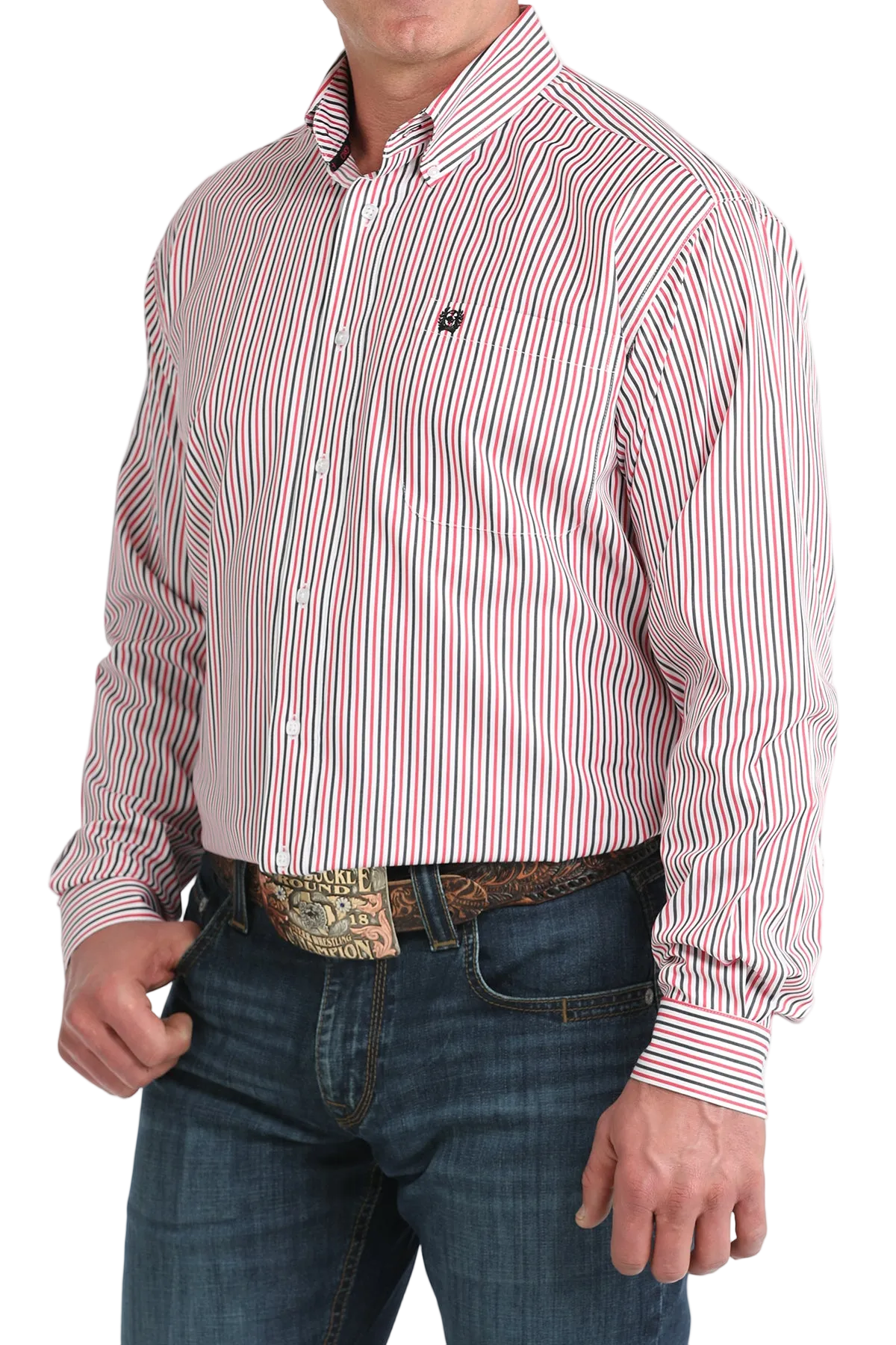 Man wearing a red and white striped shirt with jeans on a white background