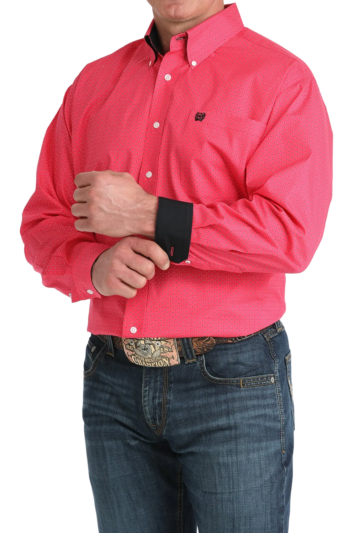 Person wearing a bright pink shirt and blue jeans on a white background