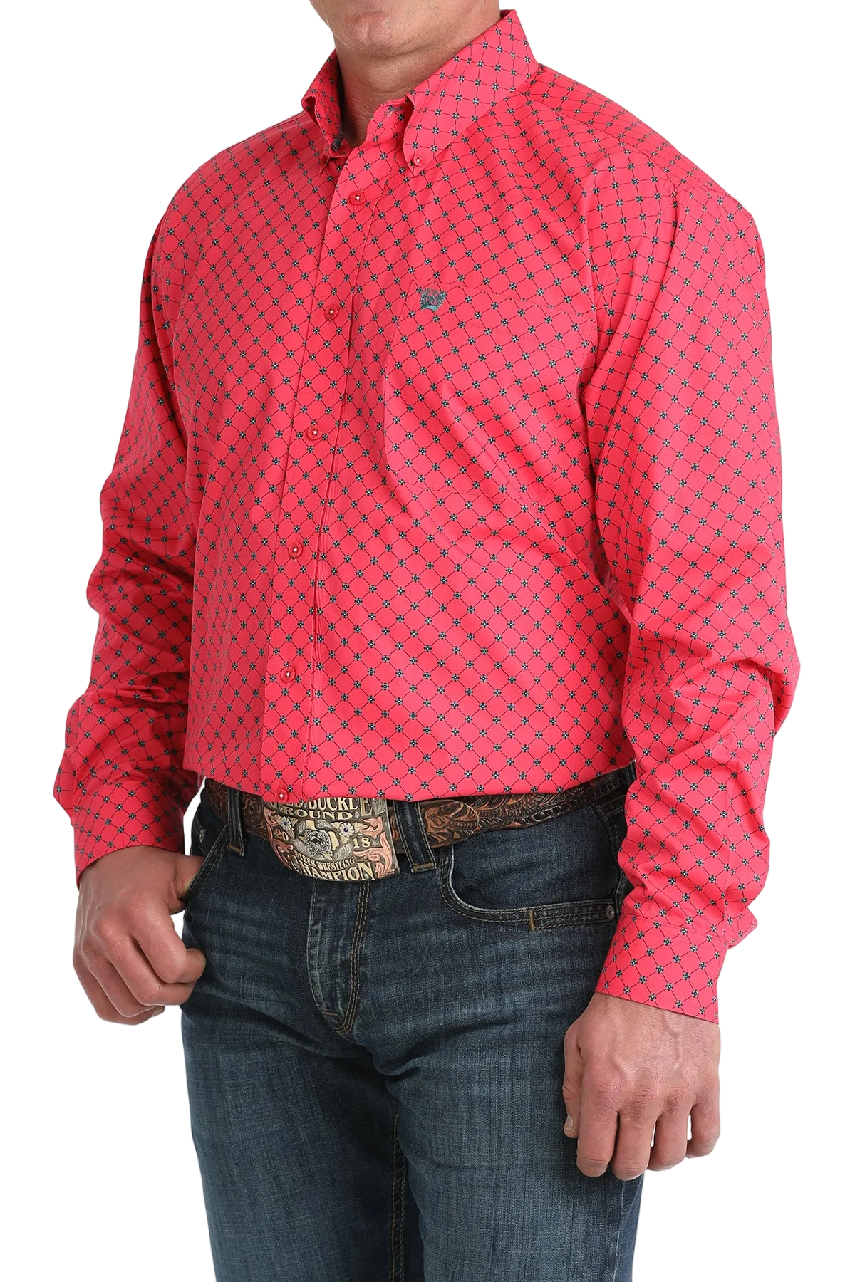 Red patterned shirt worn by a person on a white background