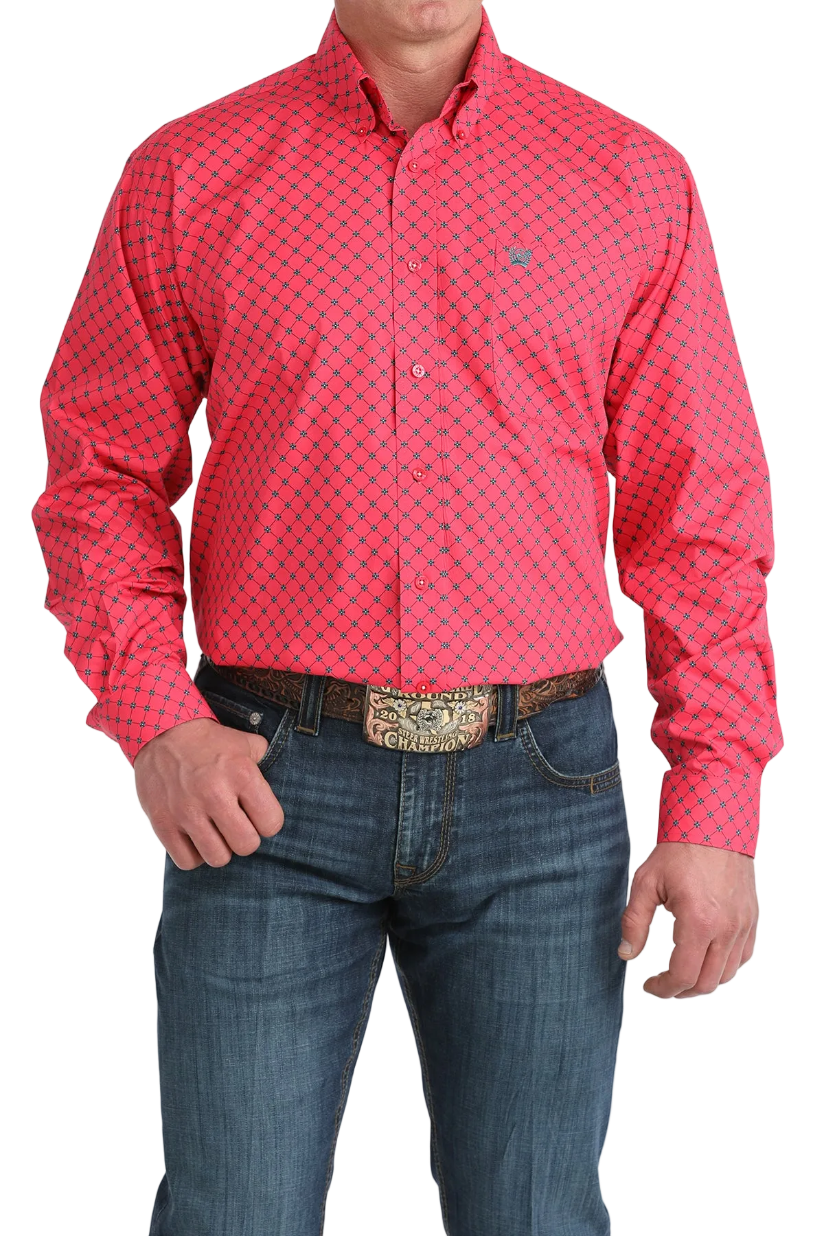 Red patterned shirt worn by a person on a white background
