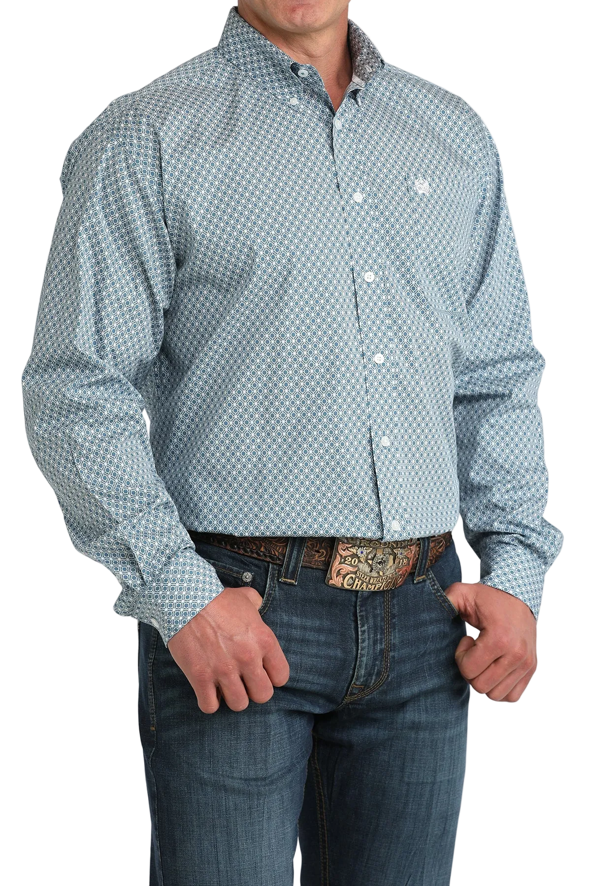 Man wearing a checkered shirt and jeans on a white background