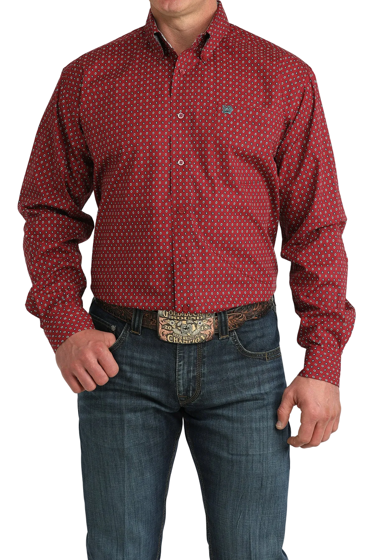 Red patterned shirt worn by a person on a white background