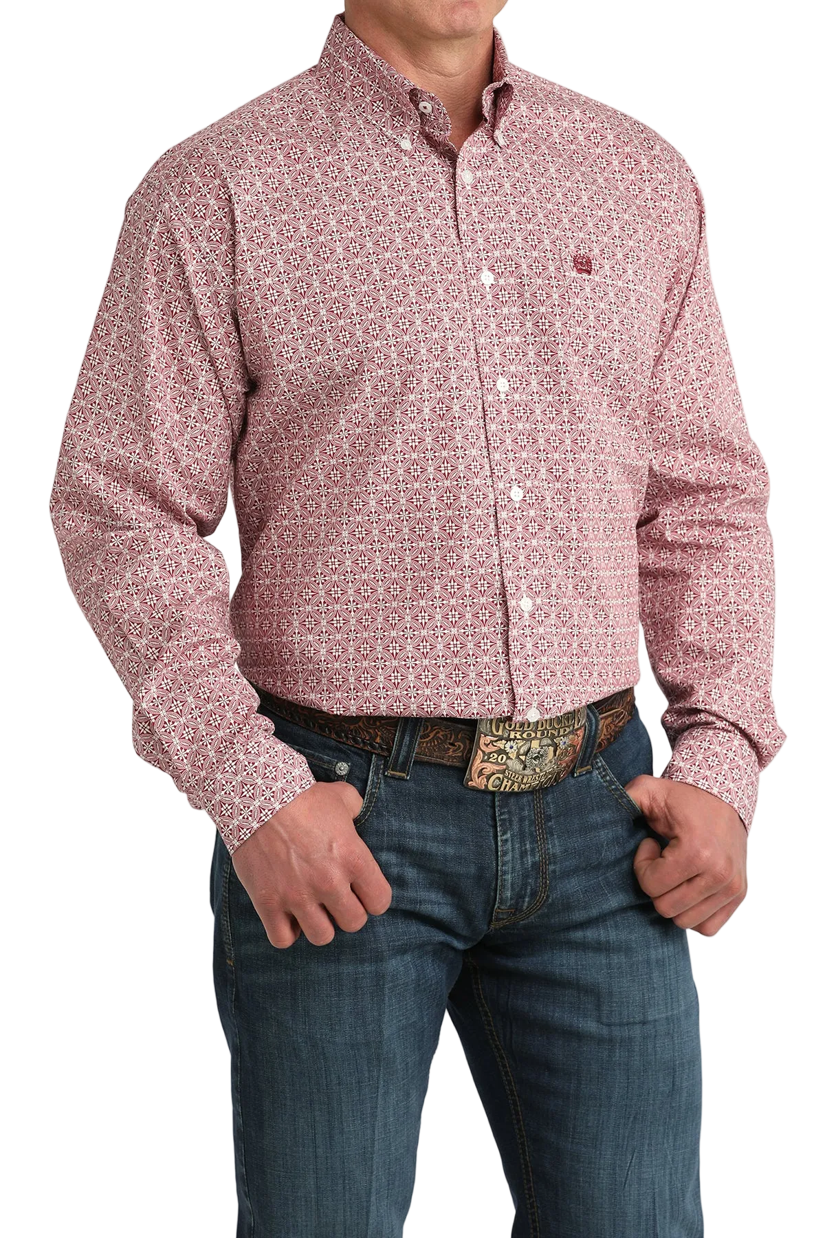 Man wearing a red patterned shirt and blue jeans on a white background