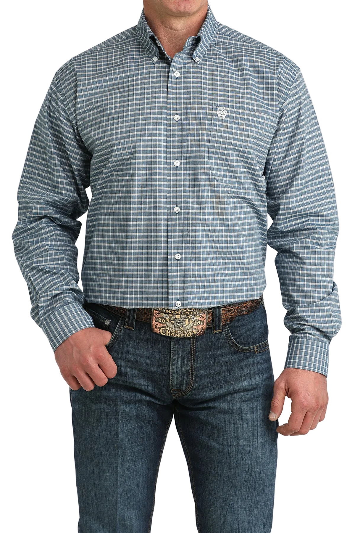 Man wearing a plaid shirt and jeans with a belt buckle on a white background