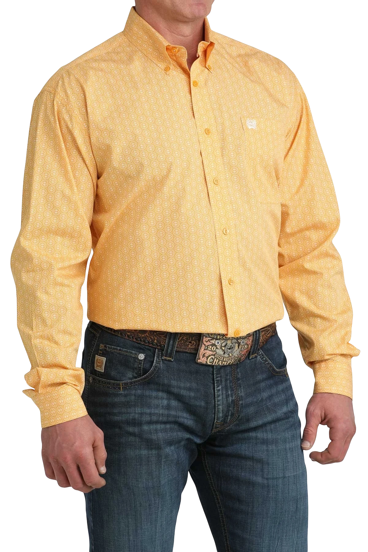 Go West Supply men's yellow long sleeve button-down shirt with all-over geometric print and chest pocket.