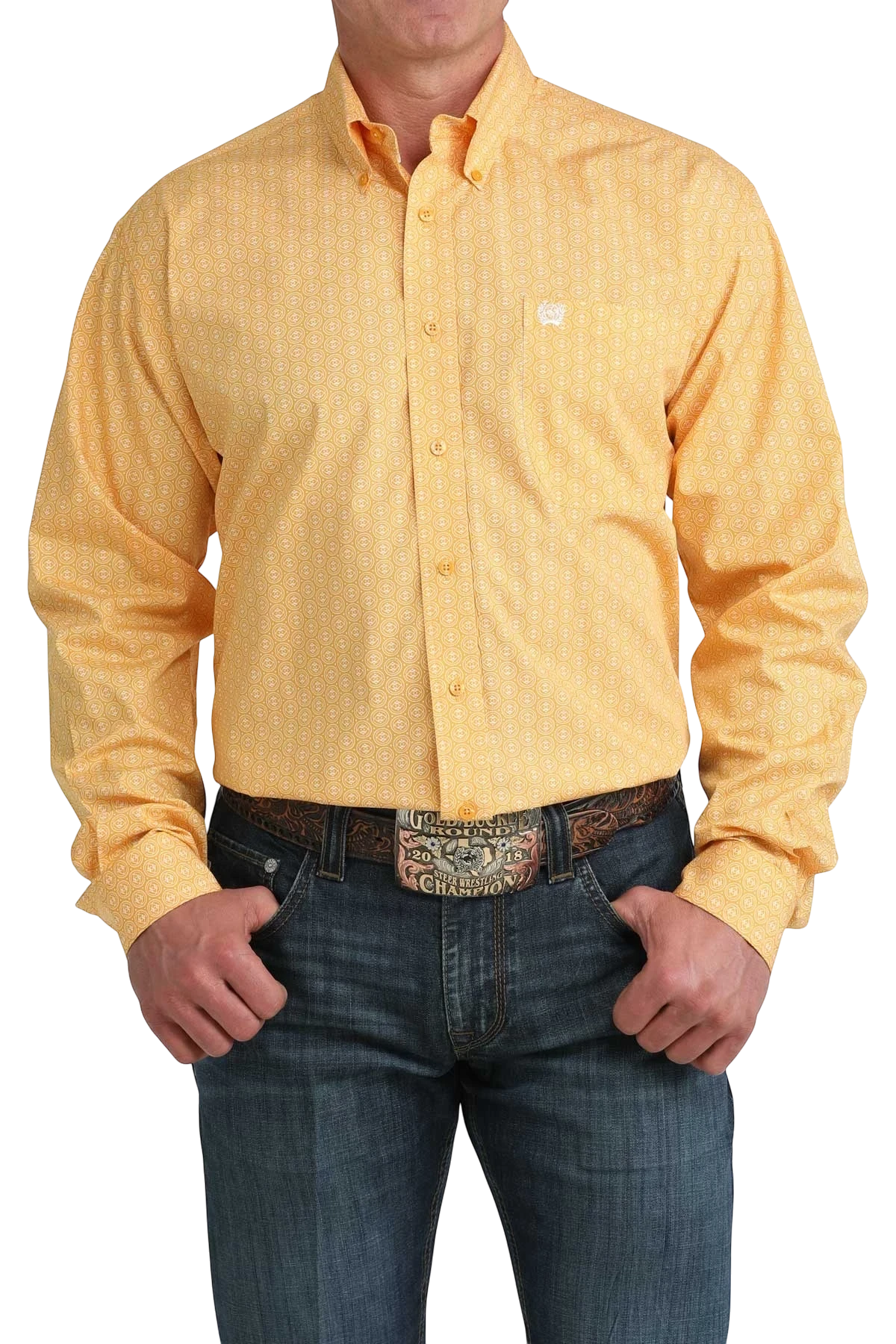 Go West Supply men's yellow long sleeve button-down shirt with all-over geometric print and chest pocket.