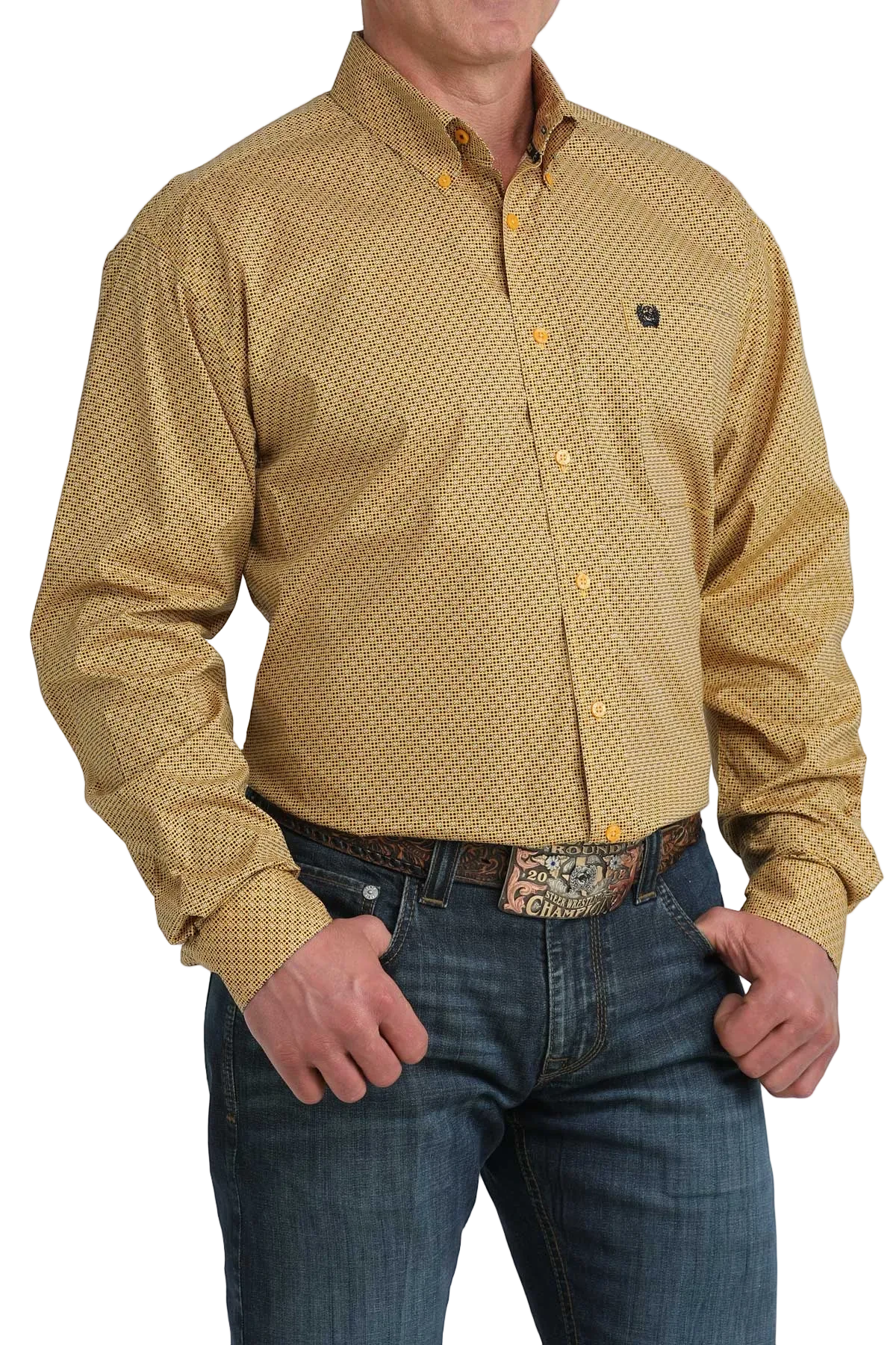 Man wearing a patterned yellow shirt and blue jeans on a white background