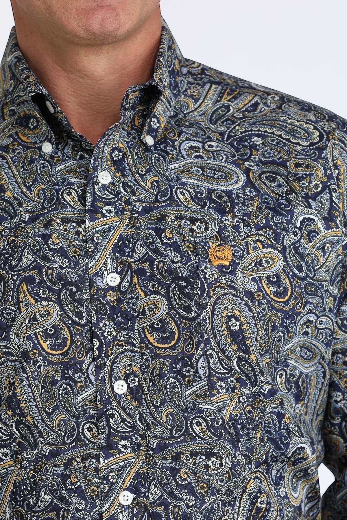 Go West Supply men's navy long sleeve button-down shirt with allover paisley print, white buttons, and chest pocket logo.