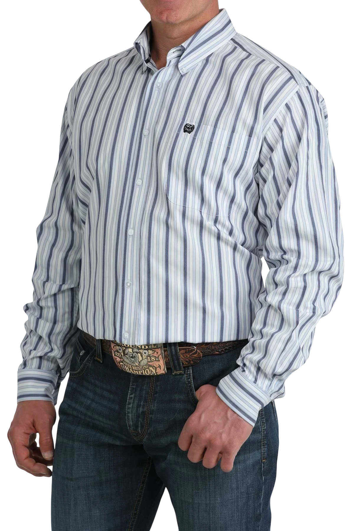 Go West Supply CINCH men's blue and white striped long sleeve button-down shirt with chest pocket and button-down collar.