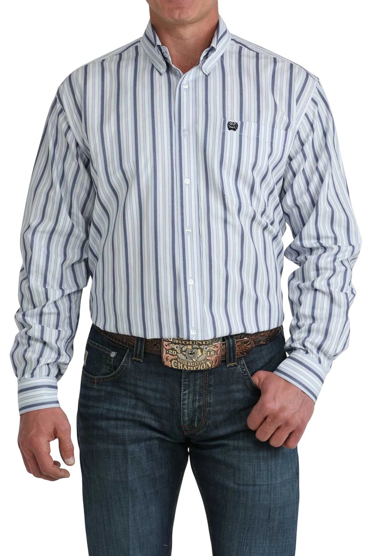 Go West Supply Men's blue and white vertical stripe long sleeve button-down shirt with chest pocket and button-down collar.