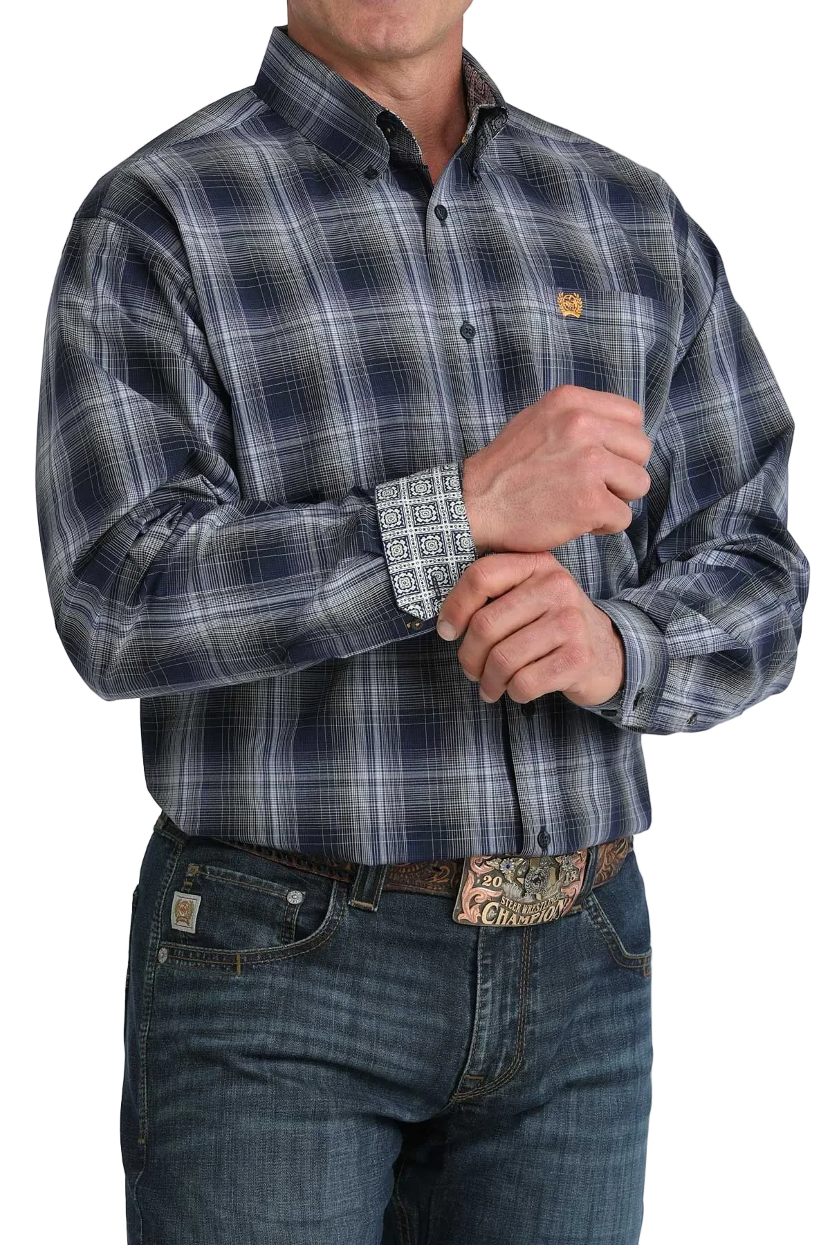 Person wearing a plaid shirt and jeans on a white background
