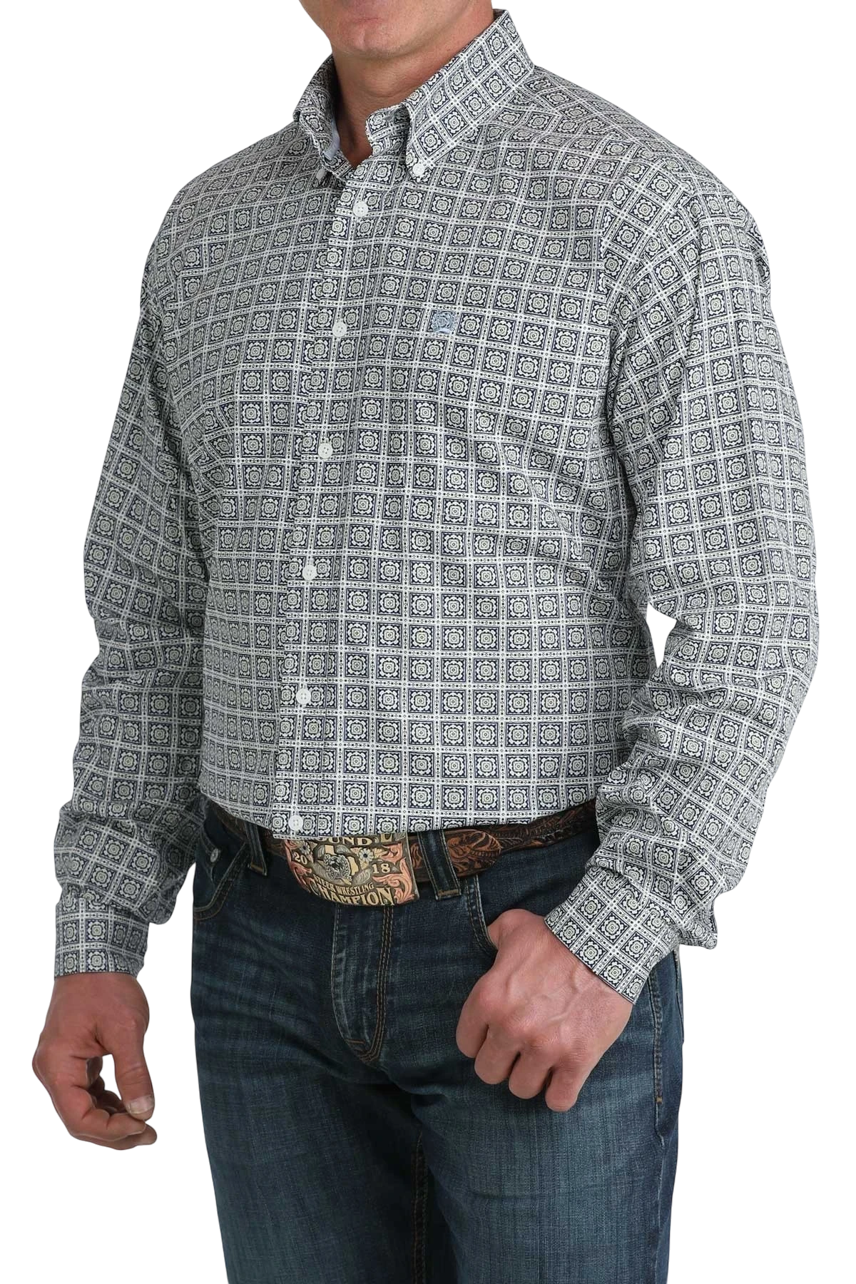 Go West Supply men's white and blue geometric print long sleeve button-down shirt.
