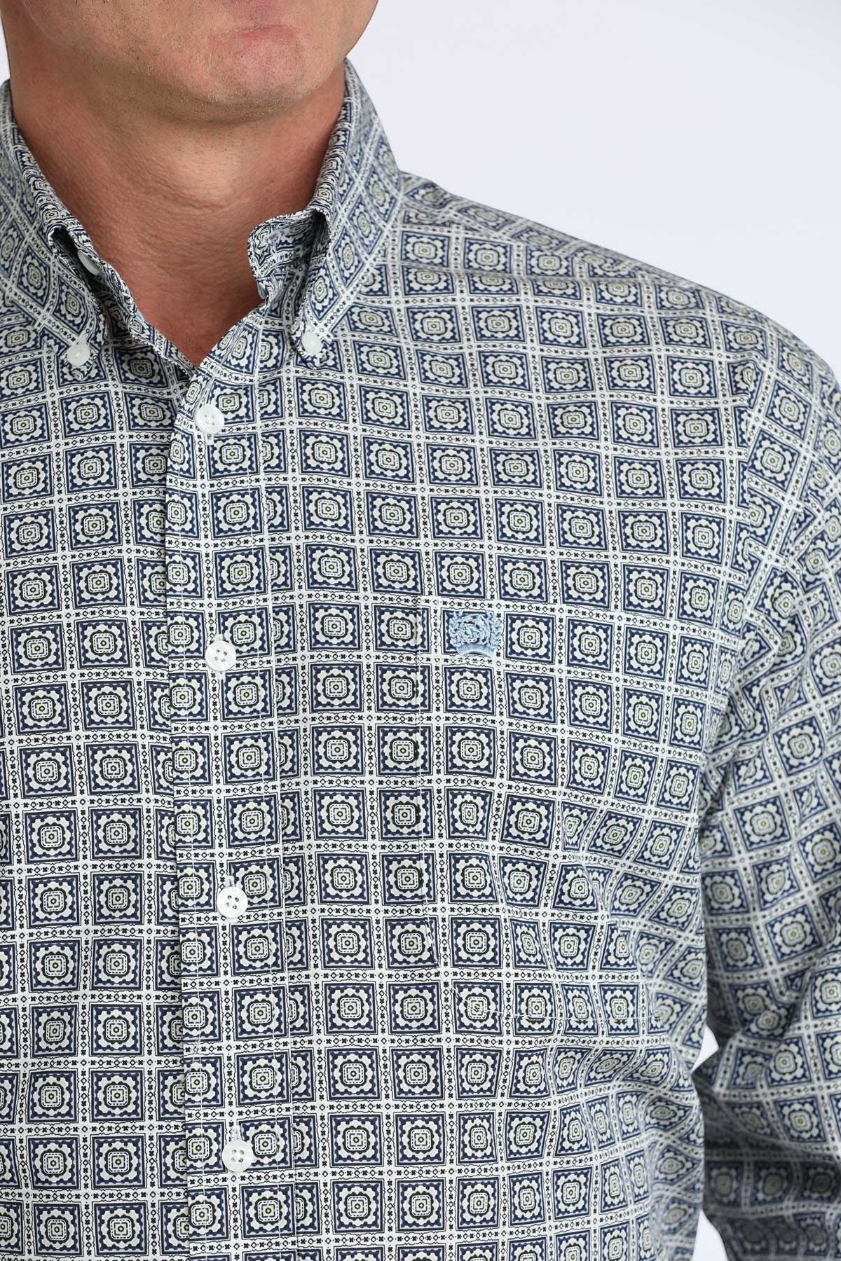 Go West Supply men's long sleeve button-down shirt with a blue and white geometric print. Features a spread collar and white buttons.