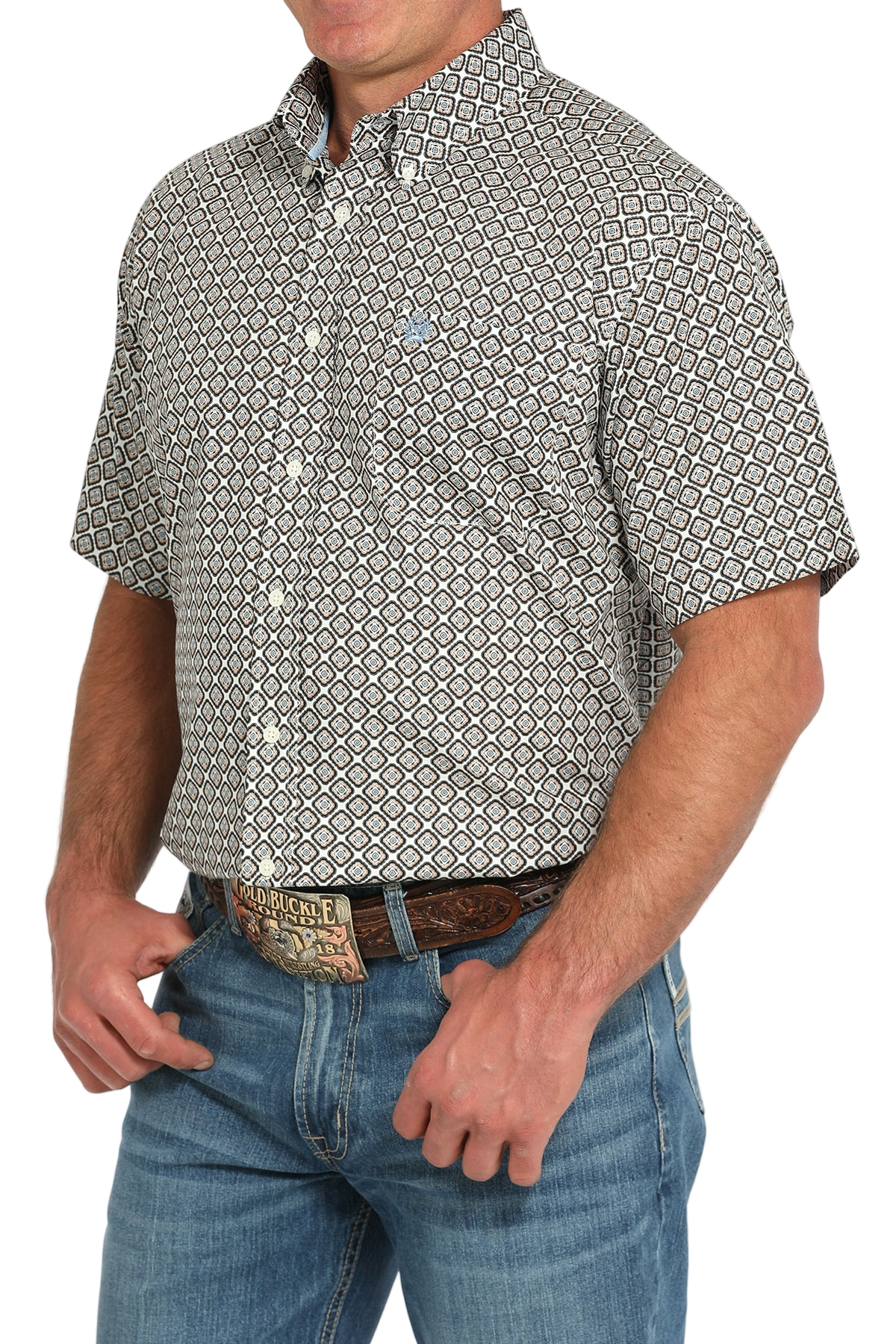 Man wearing a patterned short sleeve button-up and jeans on a transparent background