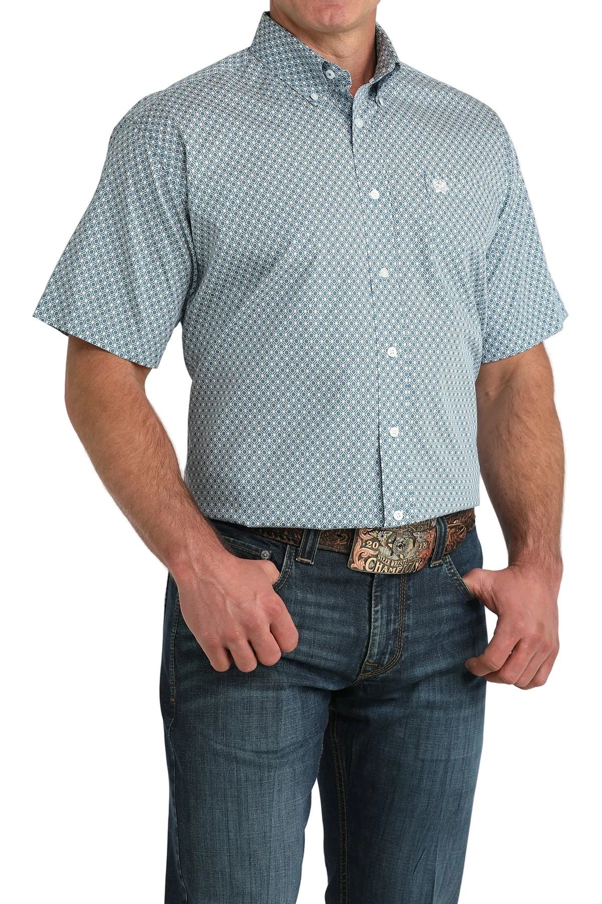 Man wearing a short-sleeve checkered shirt and jeans on a white background