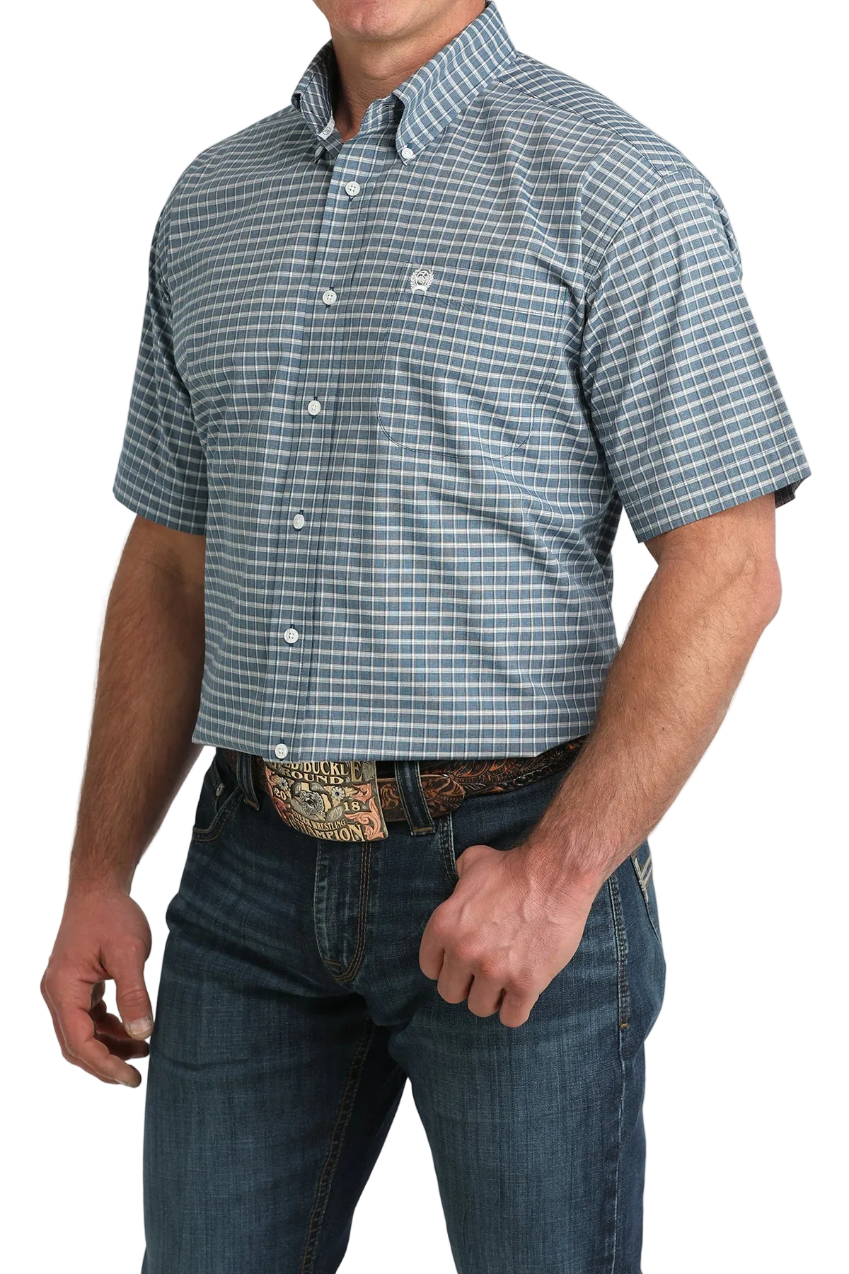 Man wearing a checkered shirt and jeans on a white background