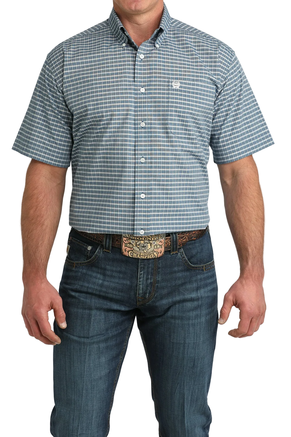 Man wearing a checkered shirt and jeans with a belt buckle on a white background