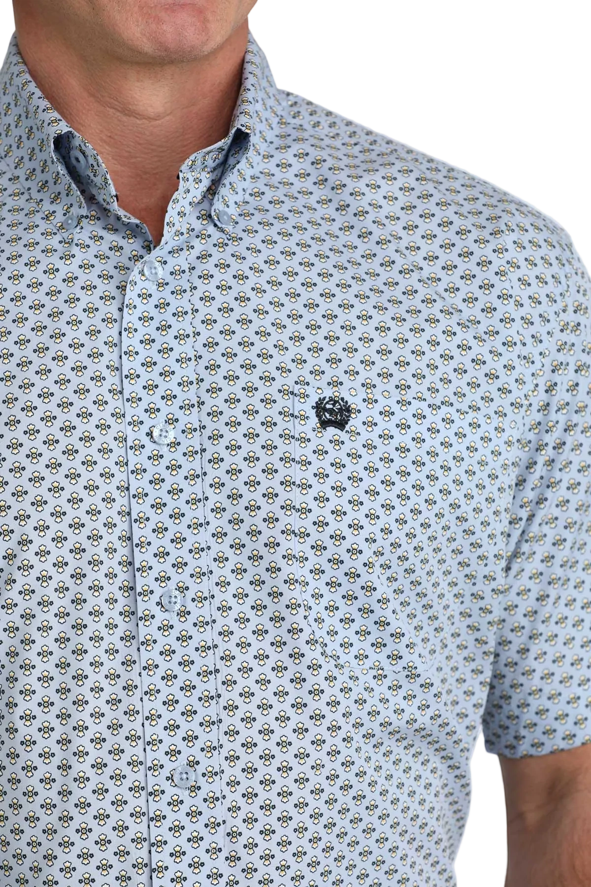 Close-up of a patterned shirt worn by a person on a white background