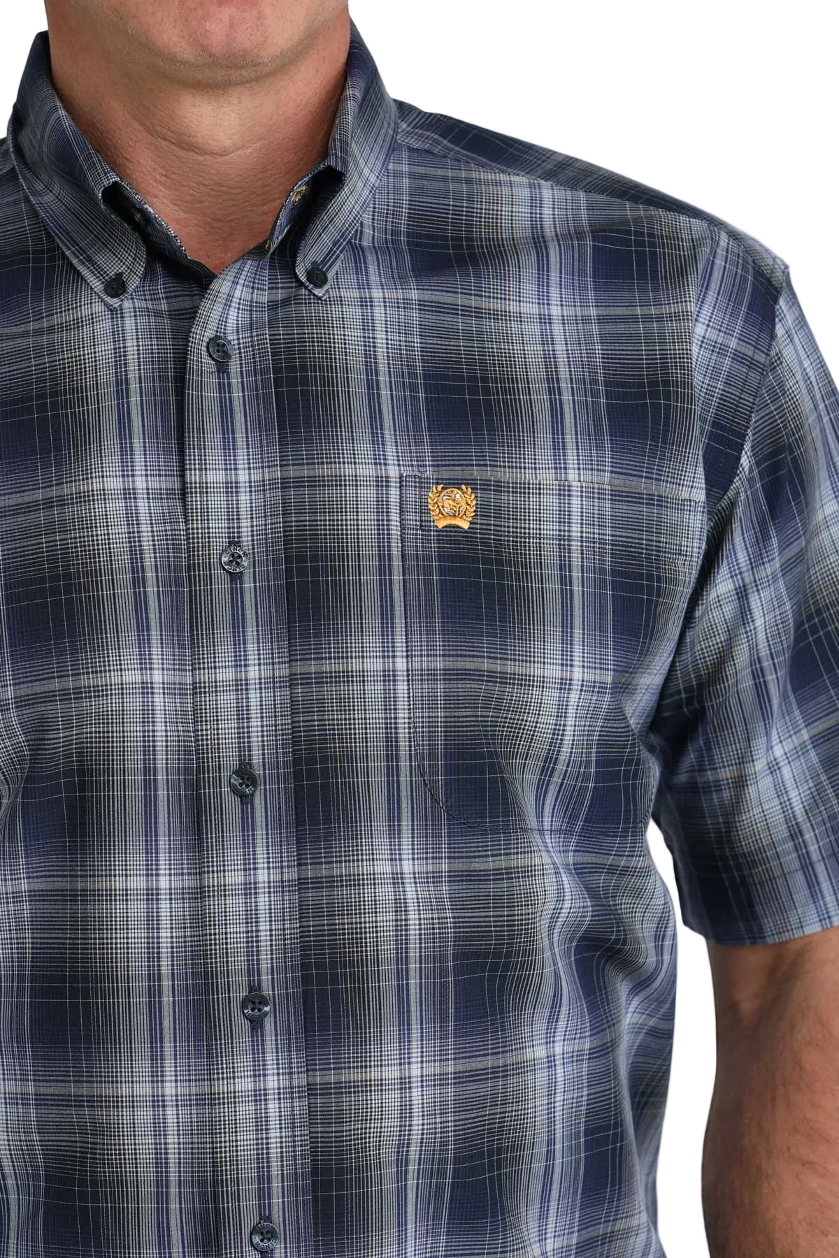 Plaid shirt with a brand logo on a white background