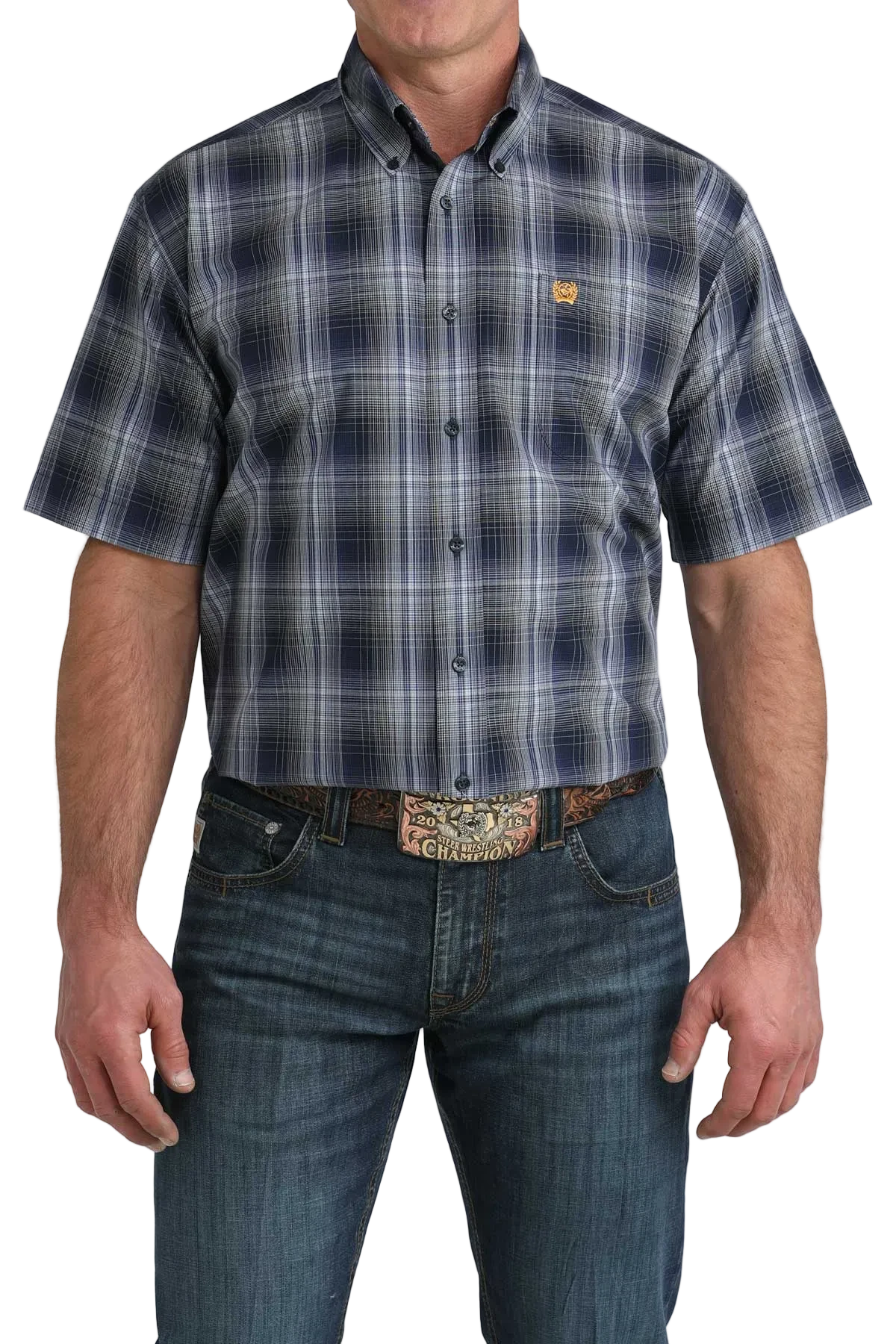 Man wearing a plaid shirt and jeans on a white background