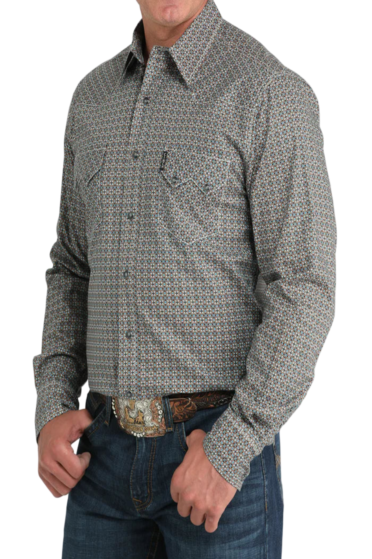 Man wearing a patterned gray shirt with a white background