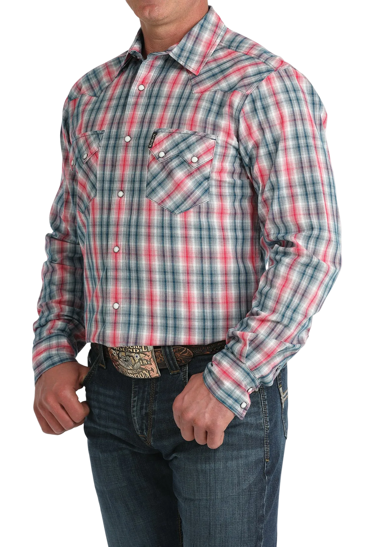 Person wearing a plaid shirt with red, green, and blue pattern on a white background