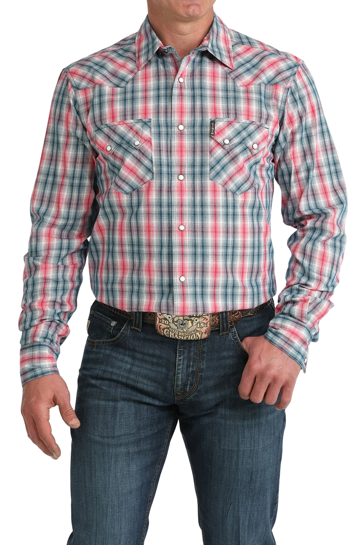 Man wearing a plaid shirt and jeans with a belt on a white background