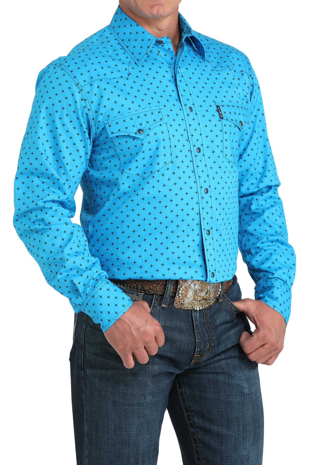 Man wearing a patterned blue long sleeve button-down shirt and jeans on a transparent background 